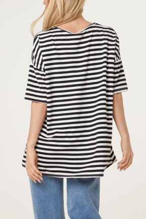Cotton Blend V-Neck Striped T-Shirt