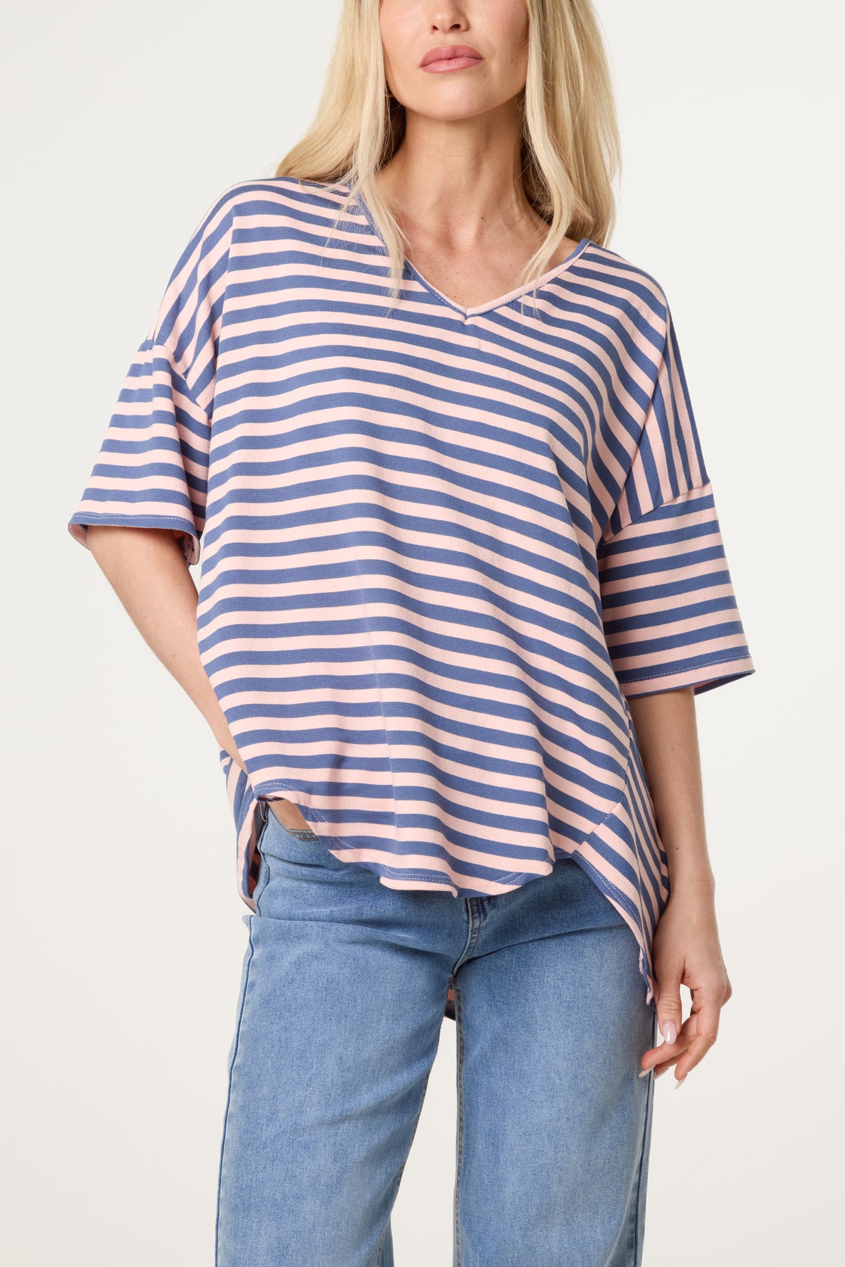 Cotton Blend V-Neck Striped T-Shirt