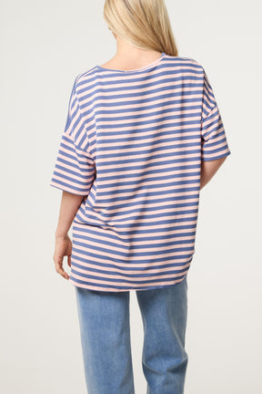 Cotton Blend V-Neck Striped T-Shirt