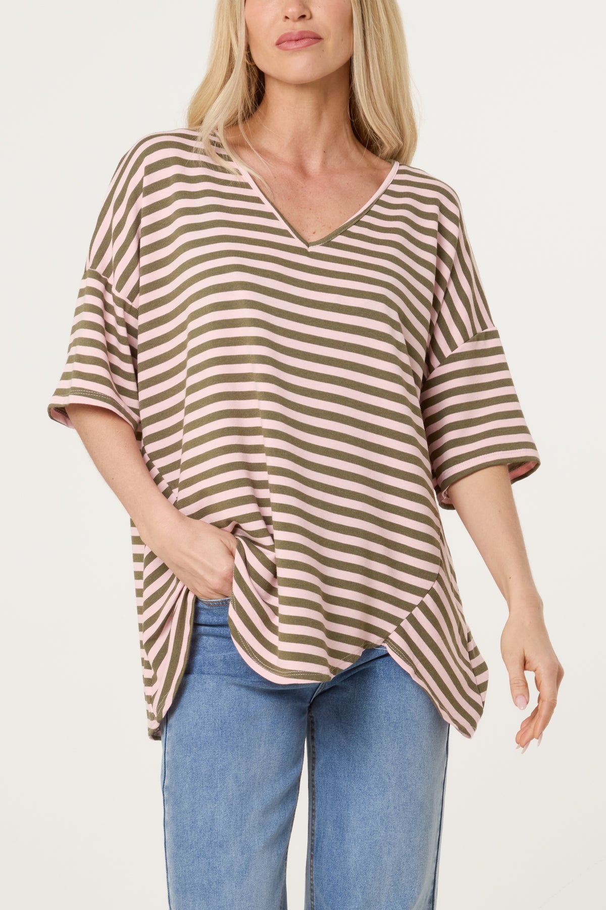 Cotton Blend V-Neck Striped T-Shirt