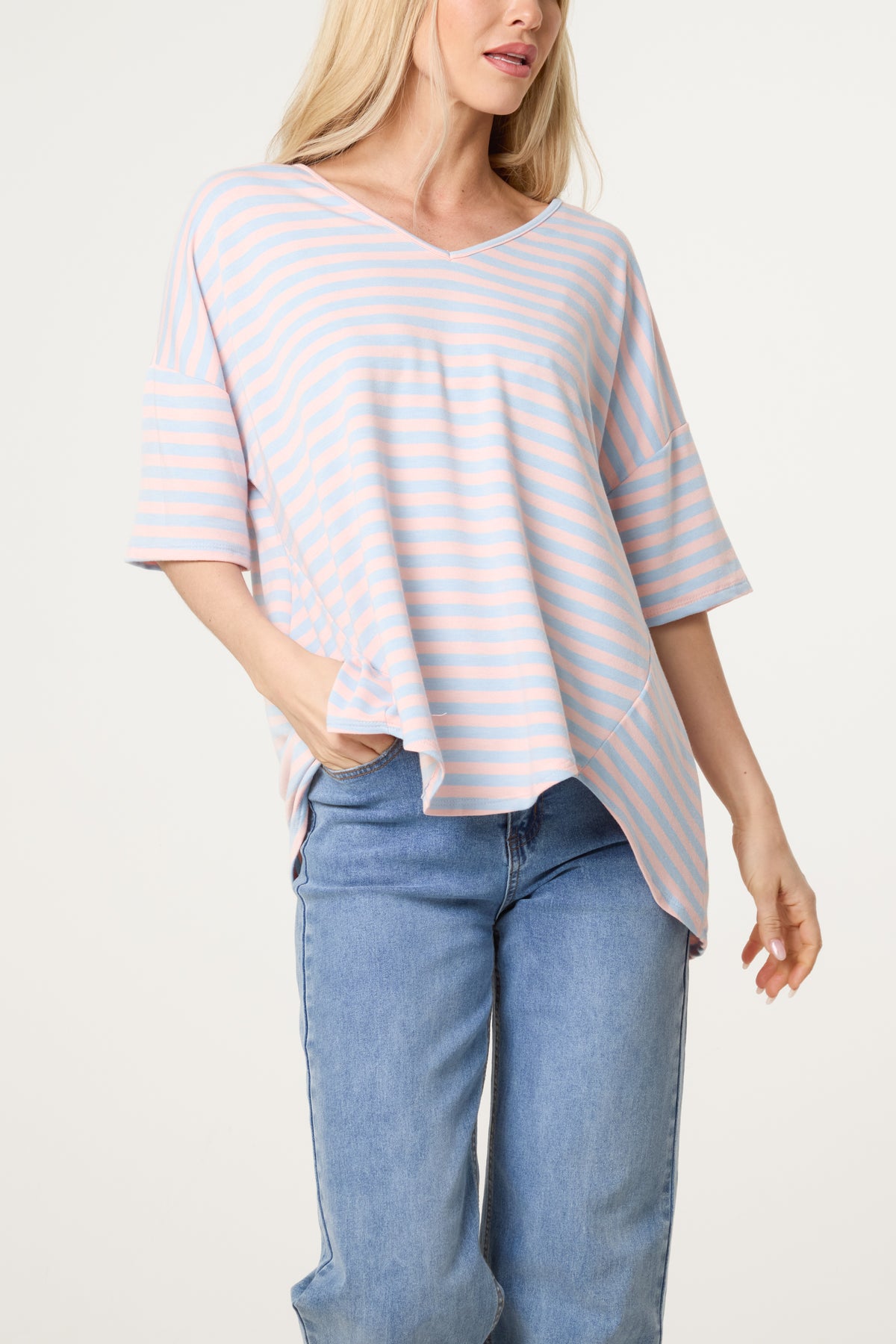 Cotton Blend V-Neck Striped T-Shirt
