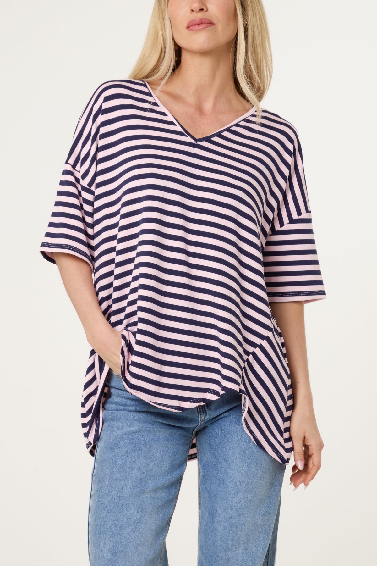 Cotton Blend V-Neck Striped T-Shirt