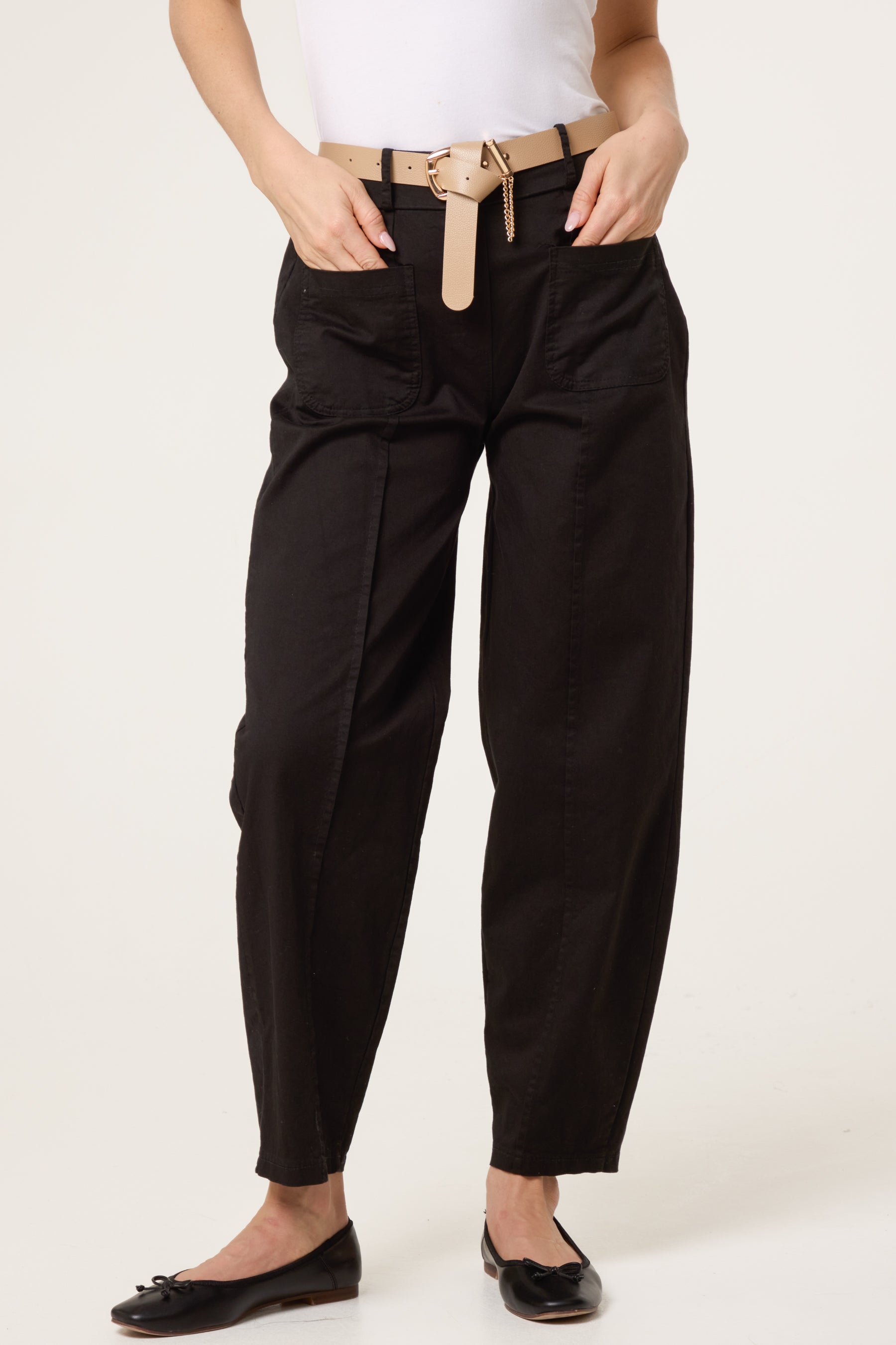 Belted Front Pocket Barrel Trousers