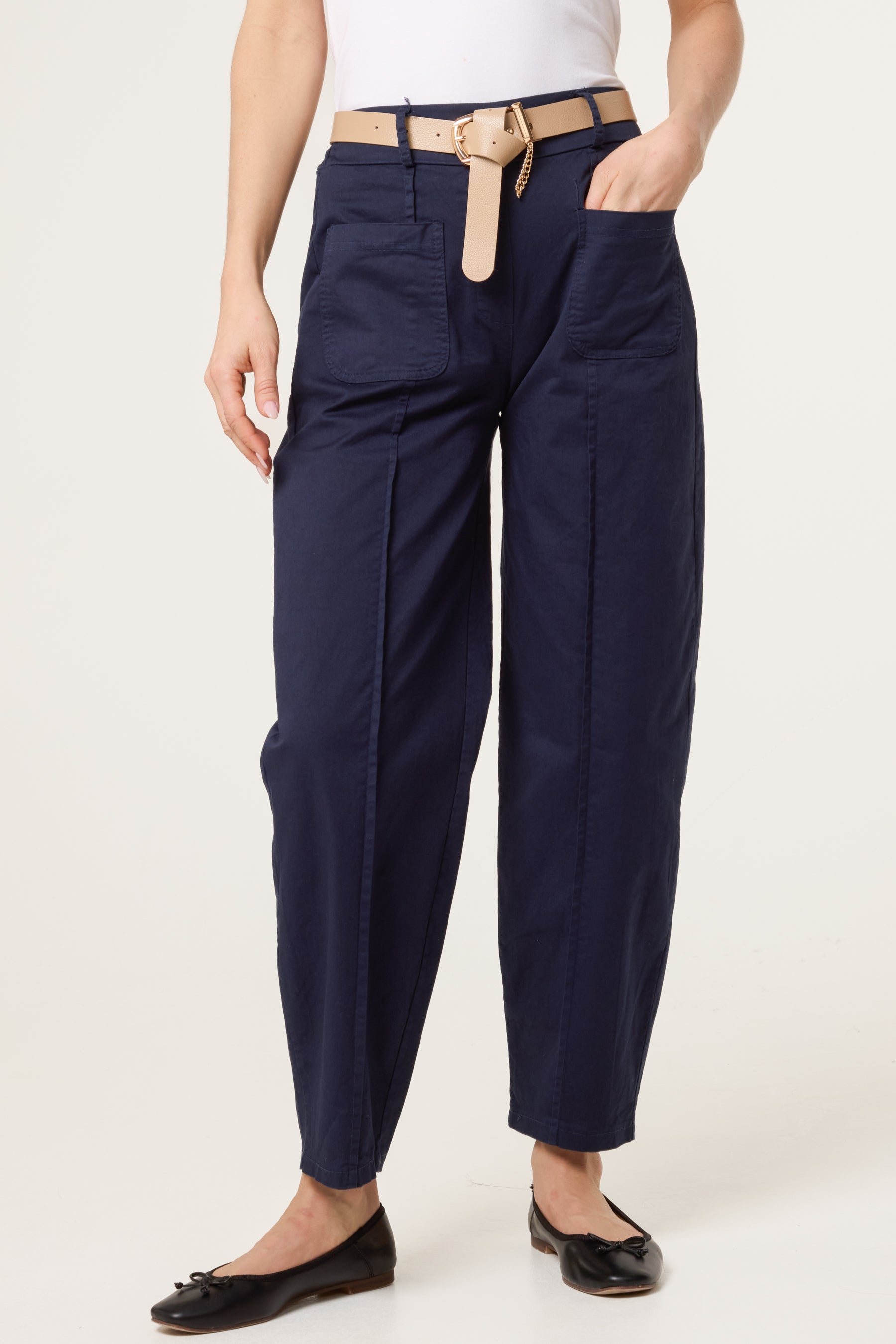 Belted Front Pocket Barrel Trousers