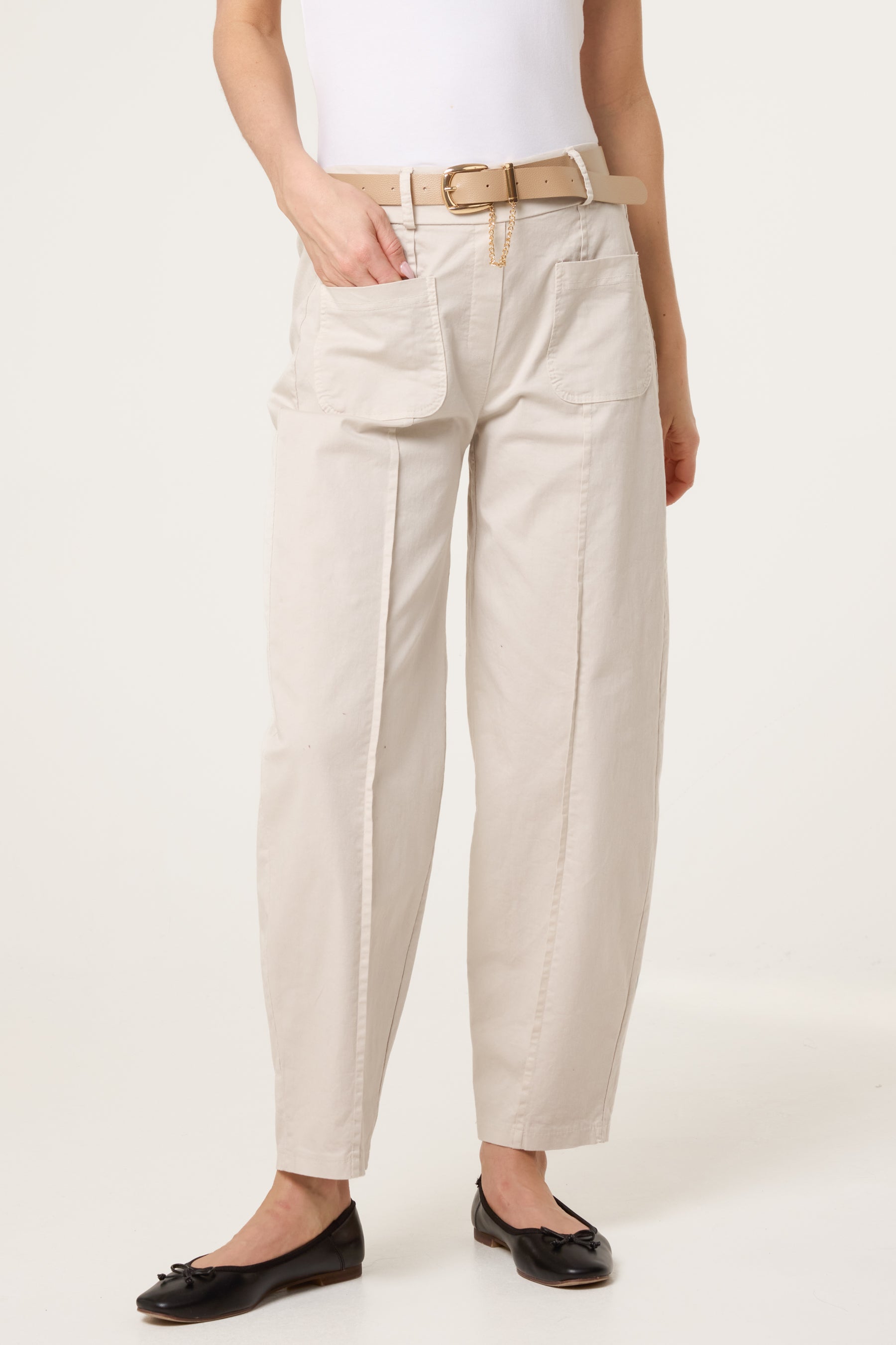 Belted Front Pocket Barrel Trousers