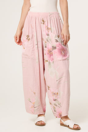 Floral Pure Cotton Barrel Leg Trousers
