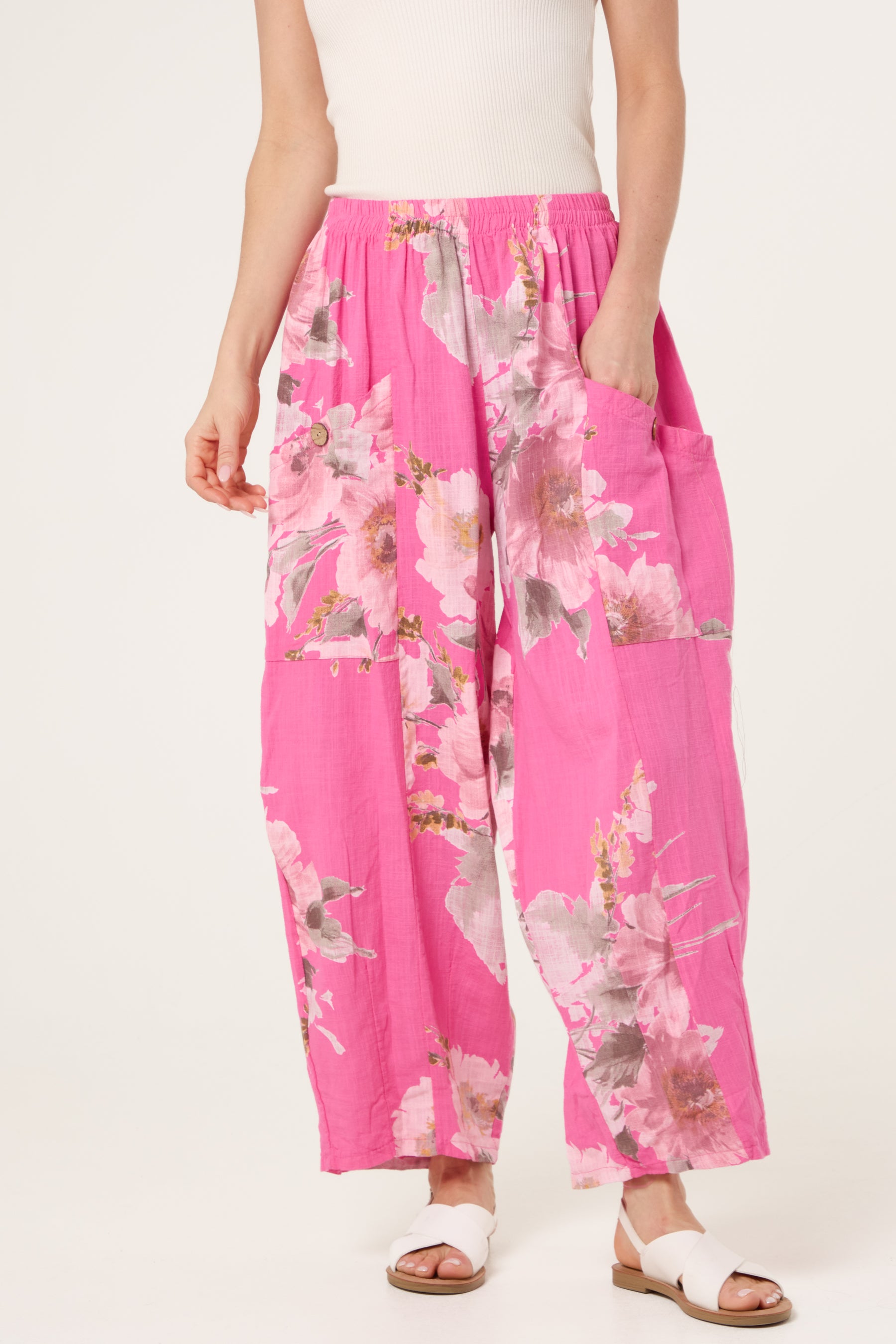 Floral Pure Cotton Barrel Leg Trousers