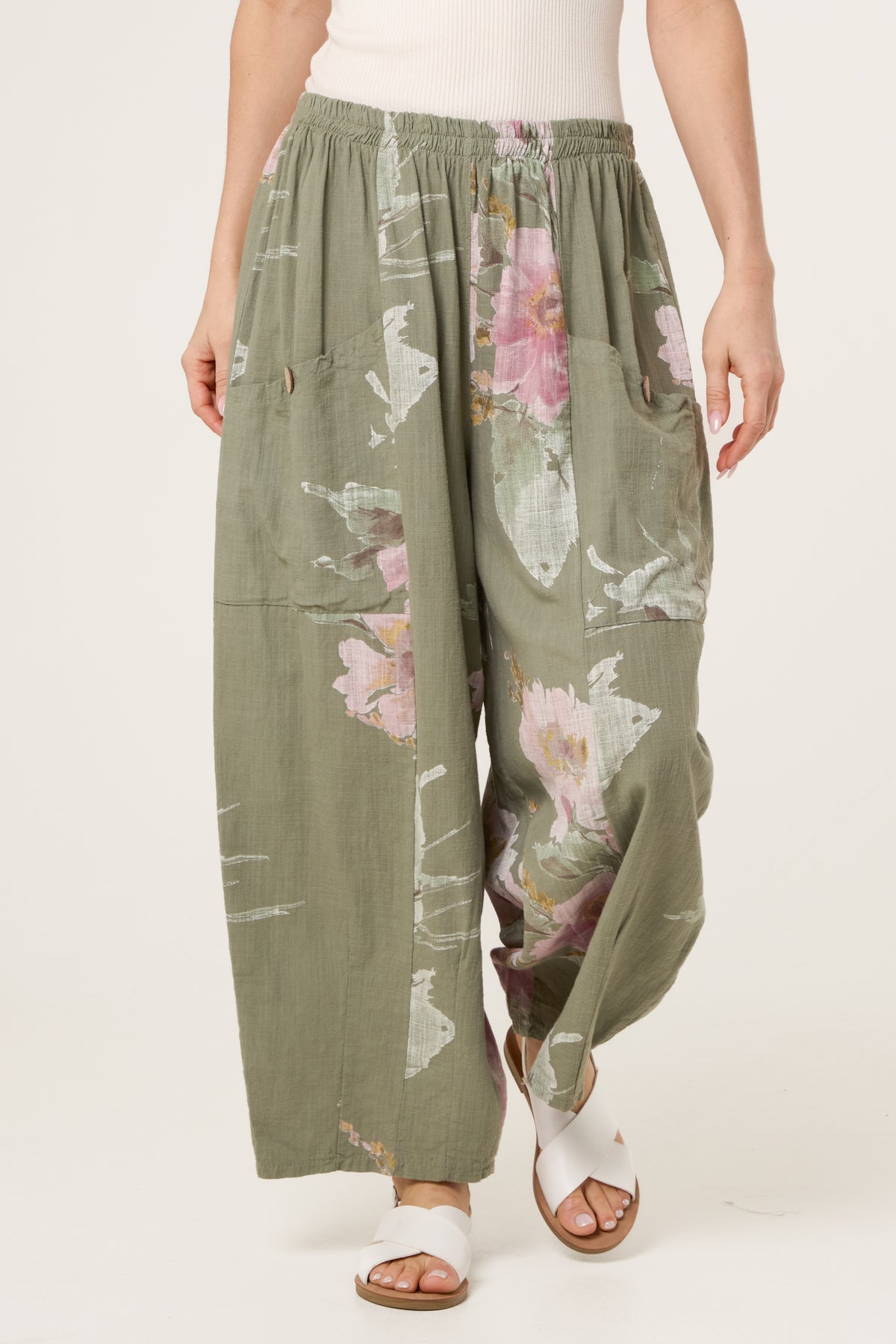 Floral Pure Cotton Barrel Leg Trousers