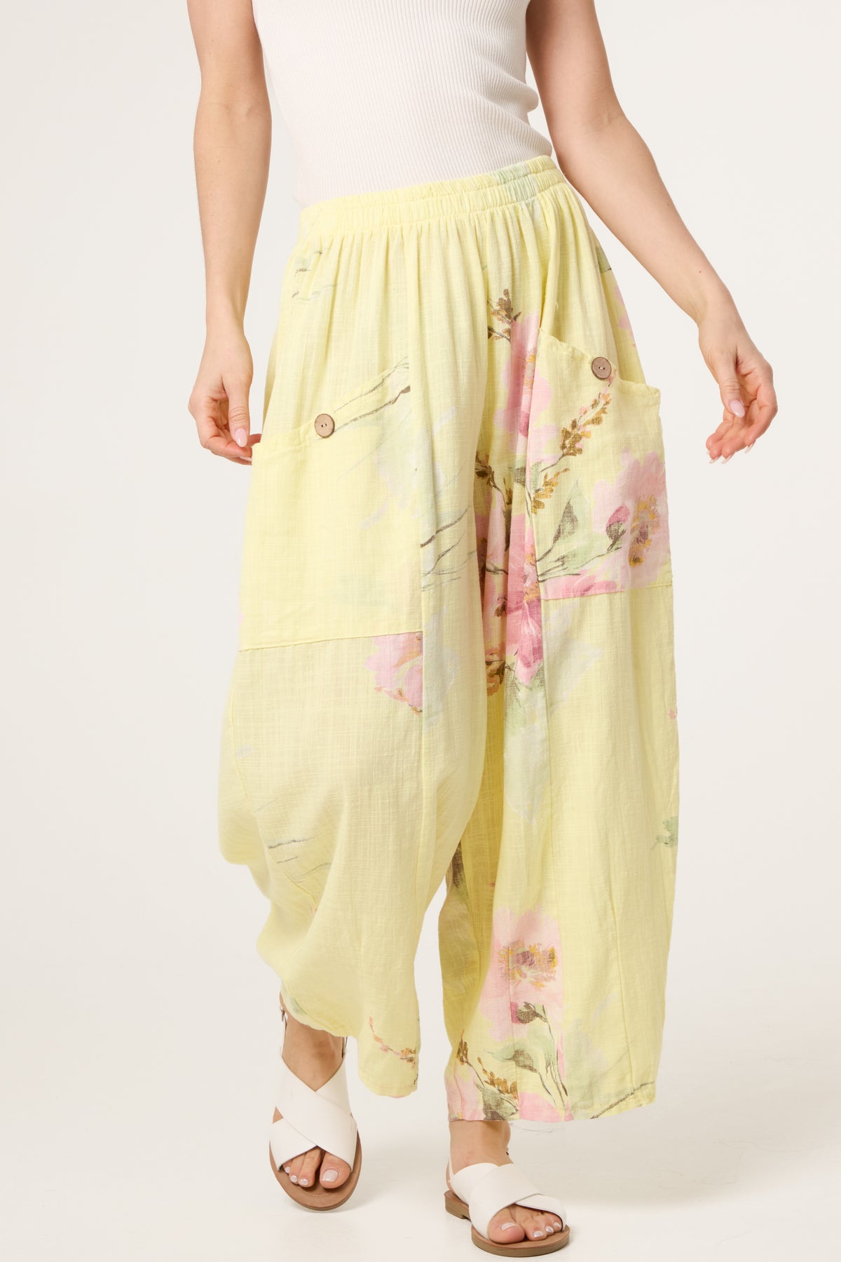 Floral Pure Cotton Barrel Leg Trousers