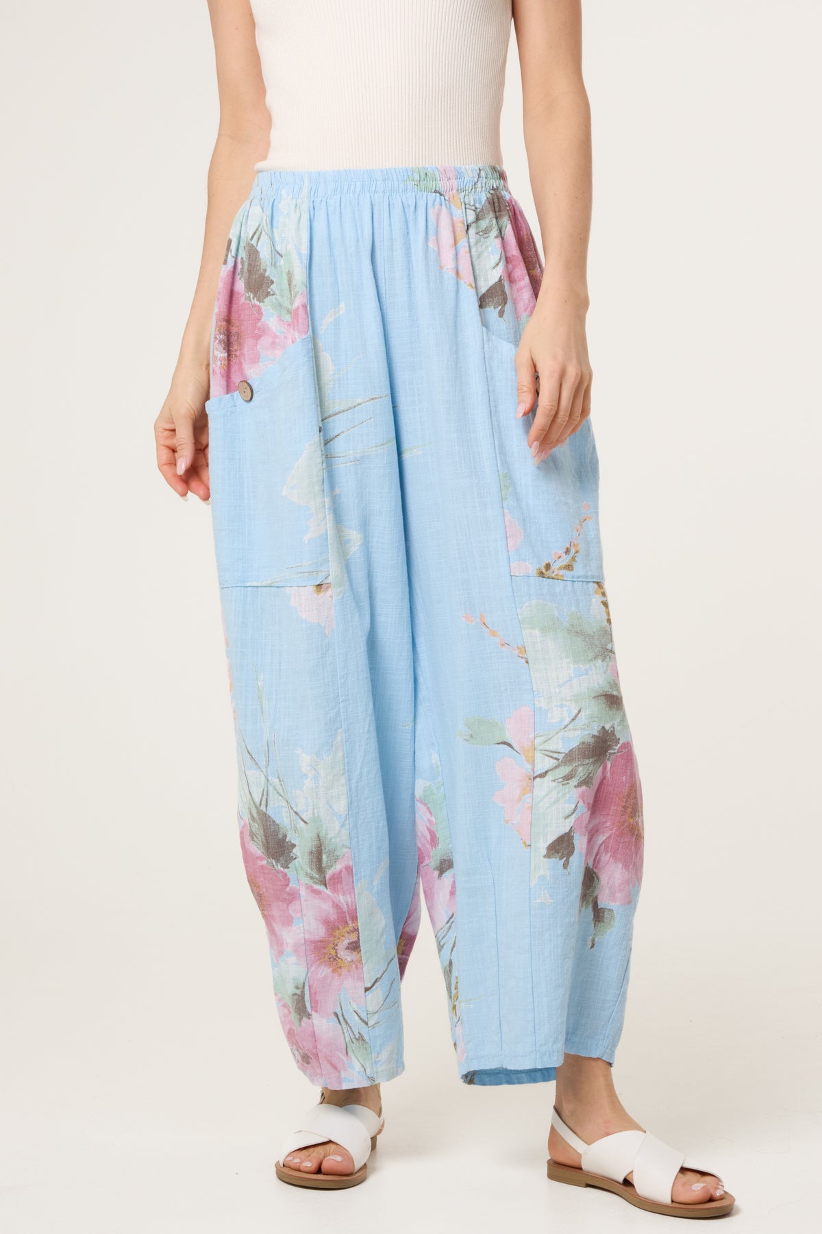 Floral Pure Cotton Barrel Leg Trousers