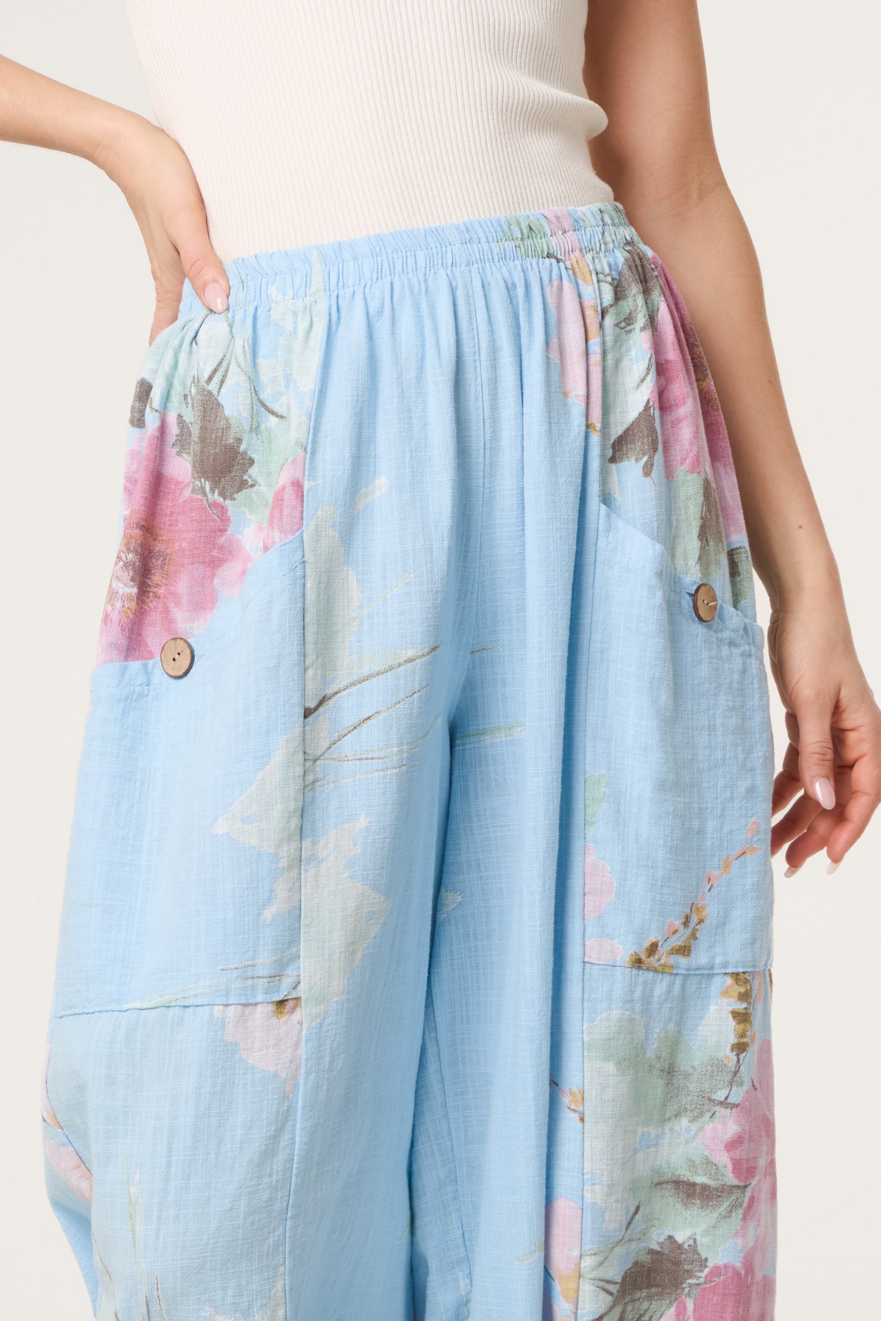 Floral Pure Cotton Barrel Leg Trousers