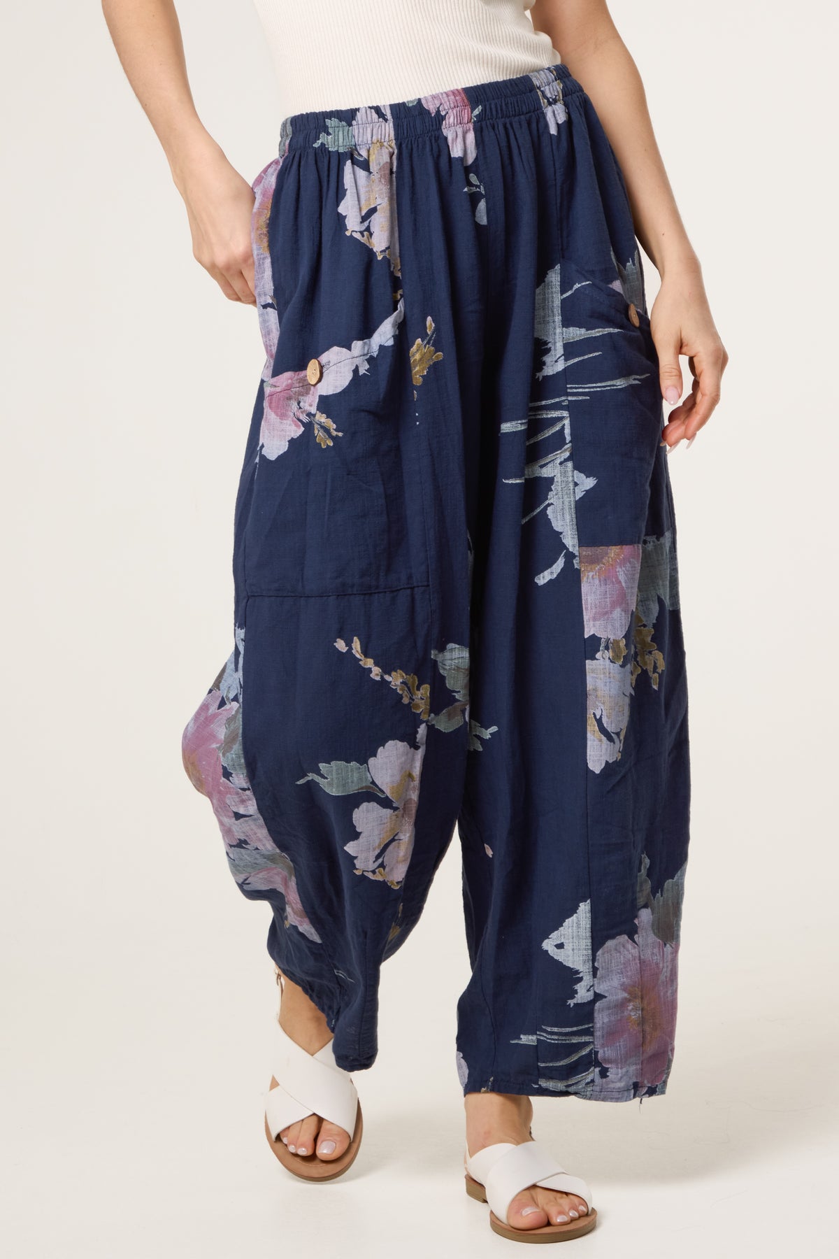 Floral Pure Cotton Barrel Leg Trousers