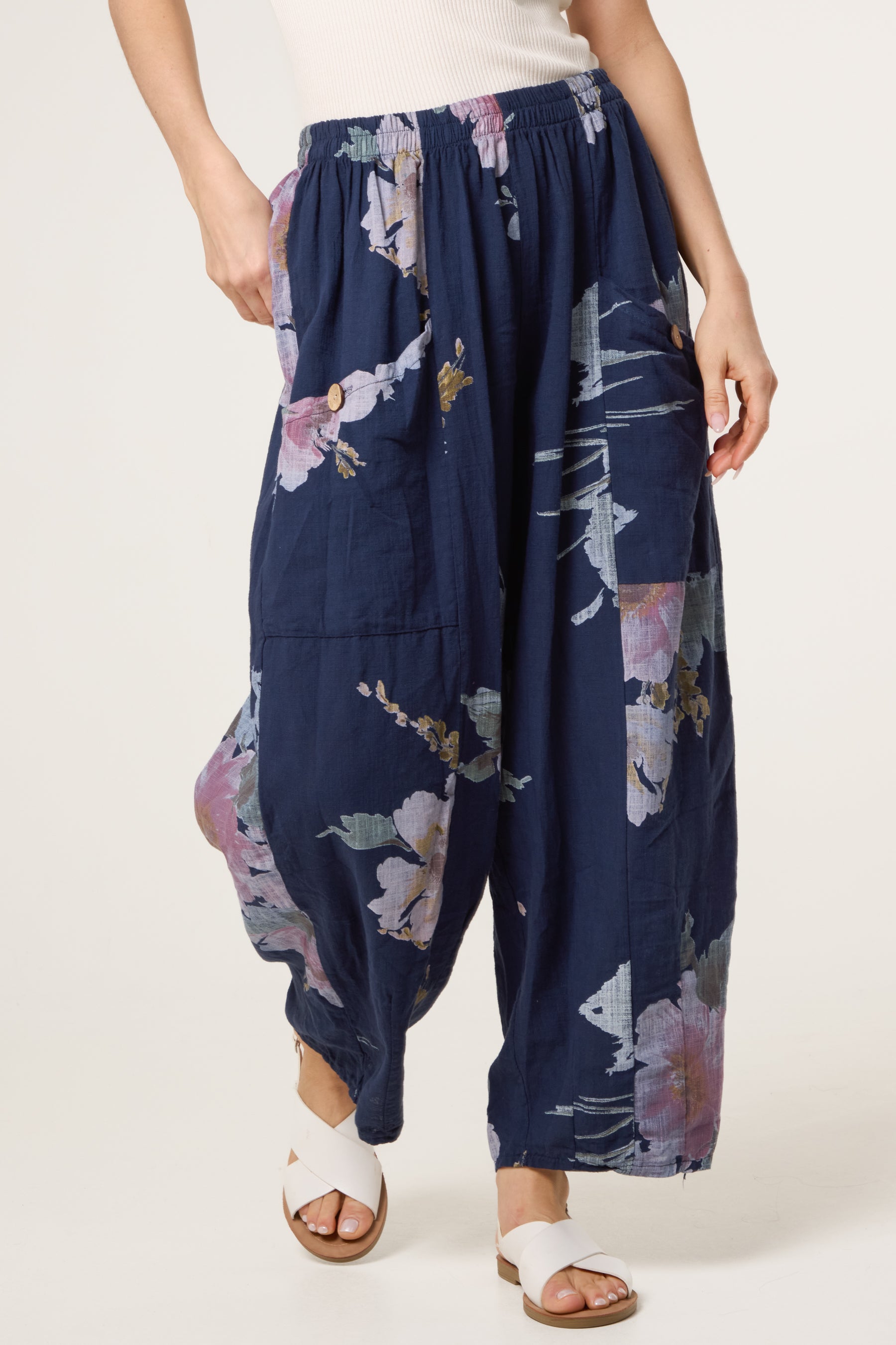 Floral Pure Cotton Barrel Leg Trousers