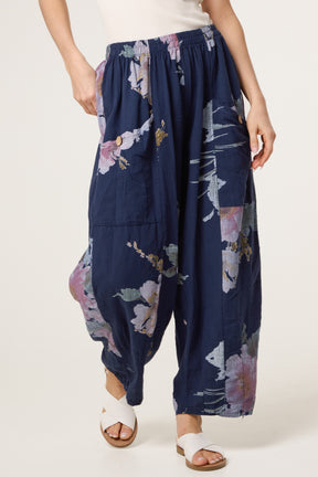 Floral Pure Cotton Barrel Leg Trousers