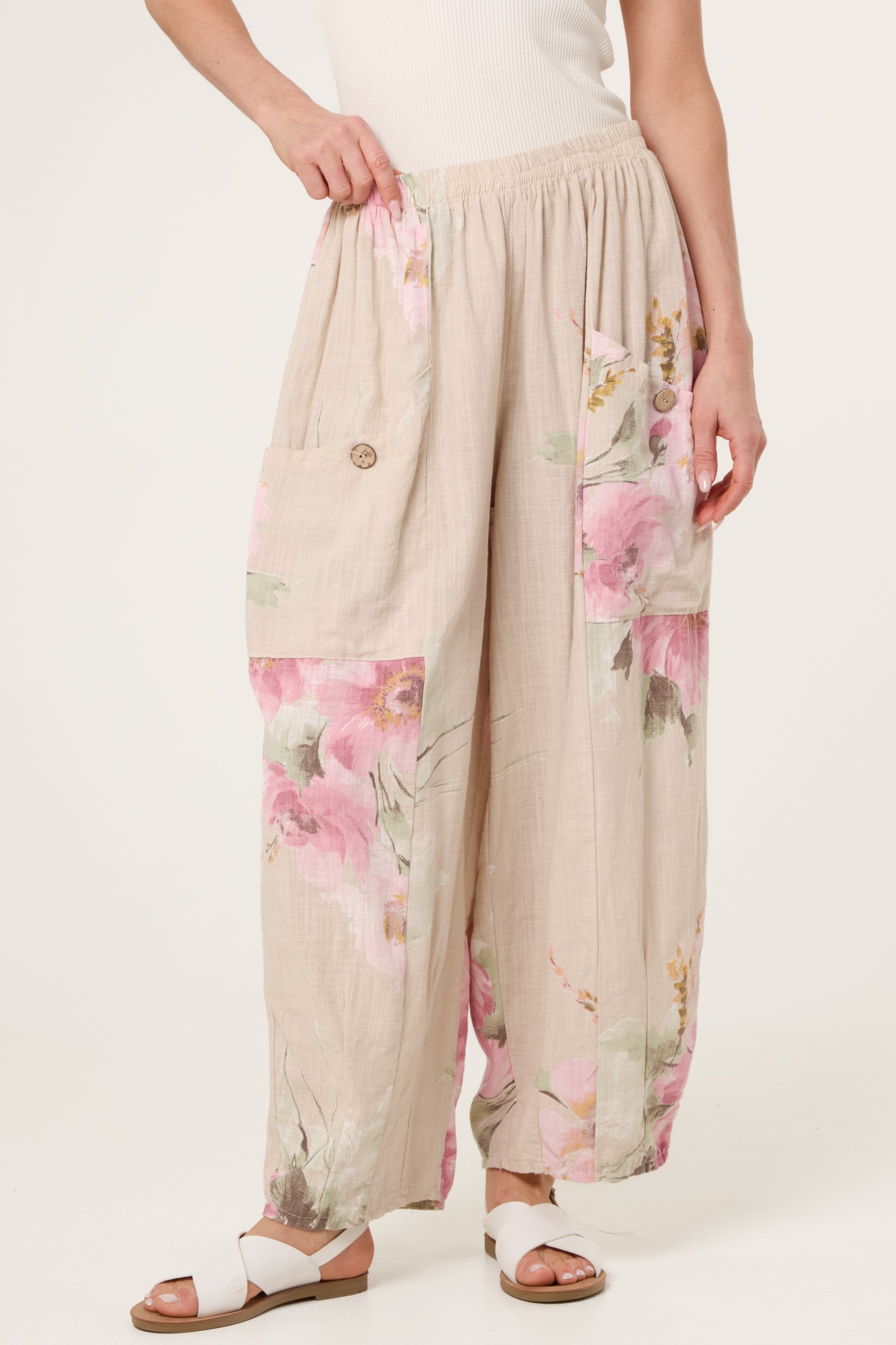 Floral Pure Cotton Barrel Leg Trousers