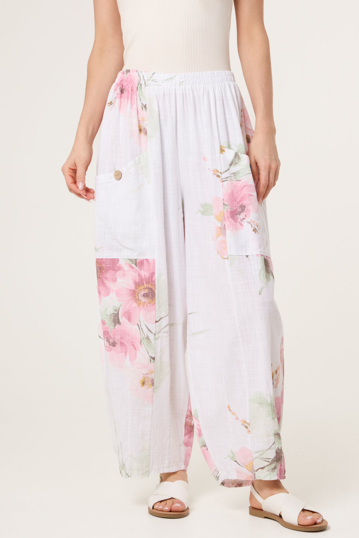 Floral Pure Cotton Barrel Leg Trousers