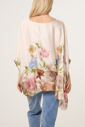 Satin Asymmetric Floral Blouse