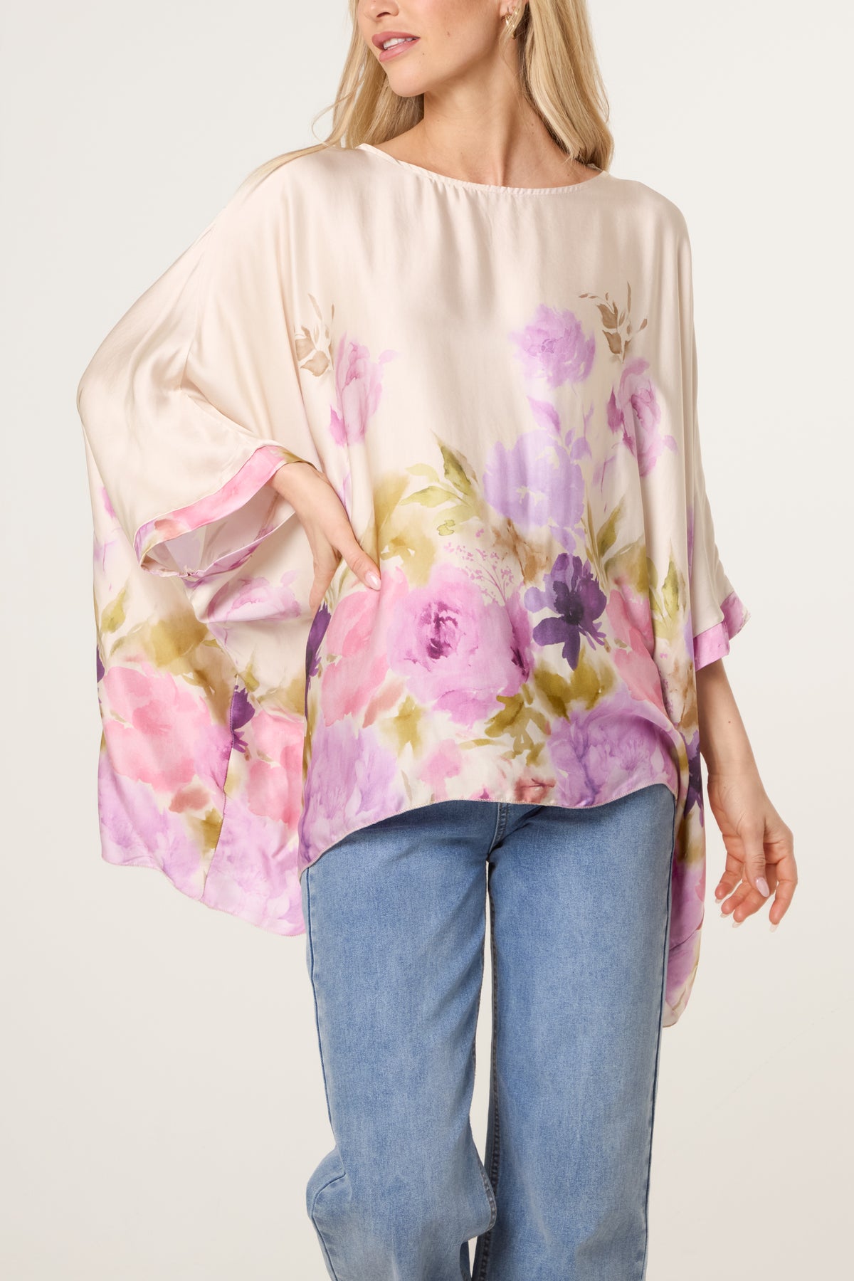 Satin Asymmetric Floral Blouse