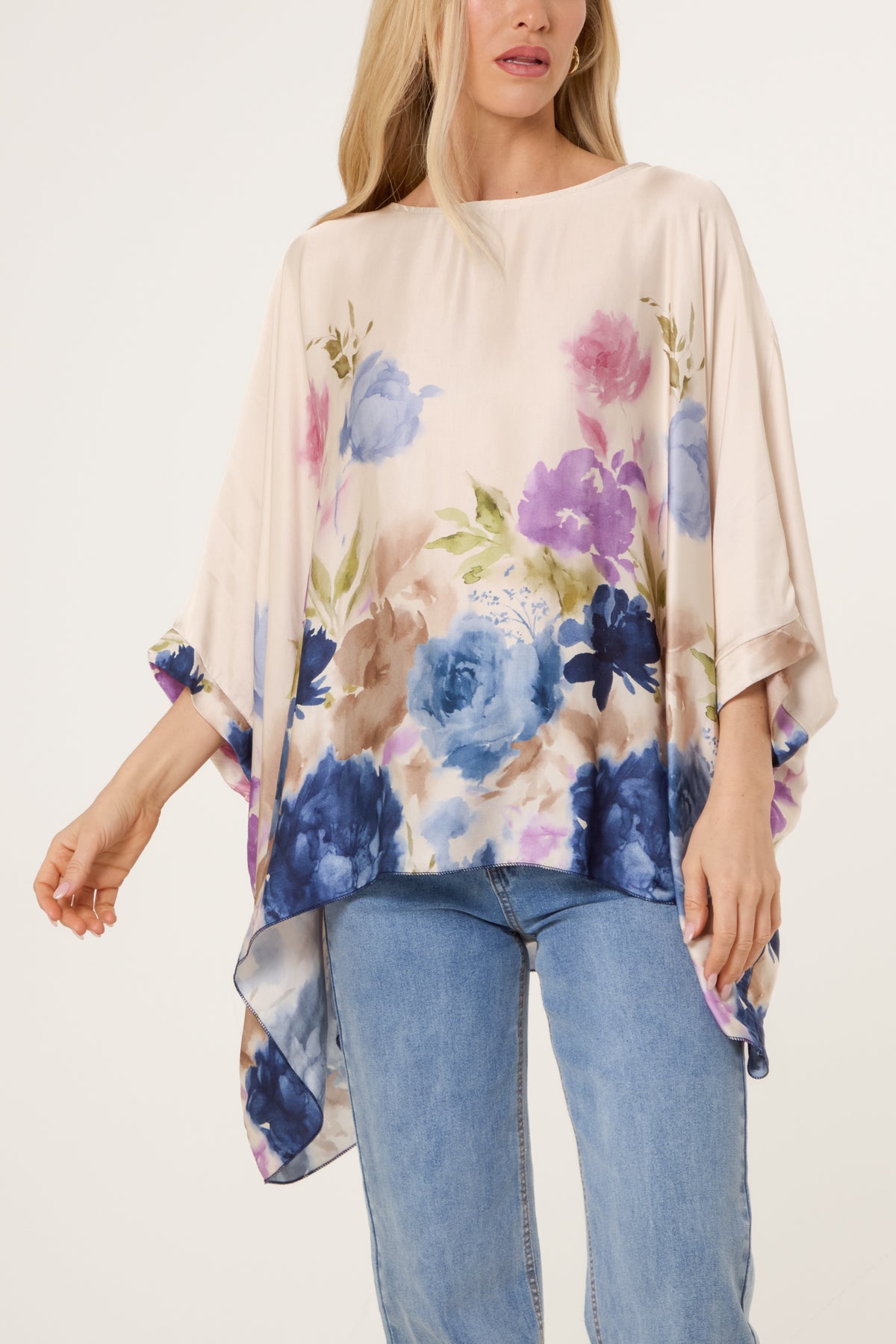 Satin Asymmetric Floral Blouse