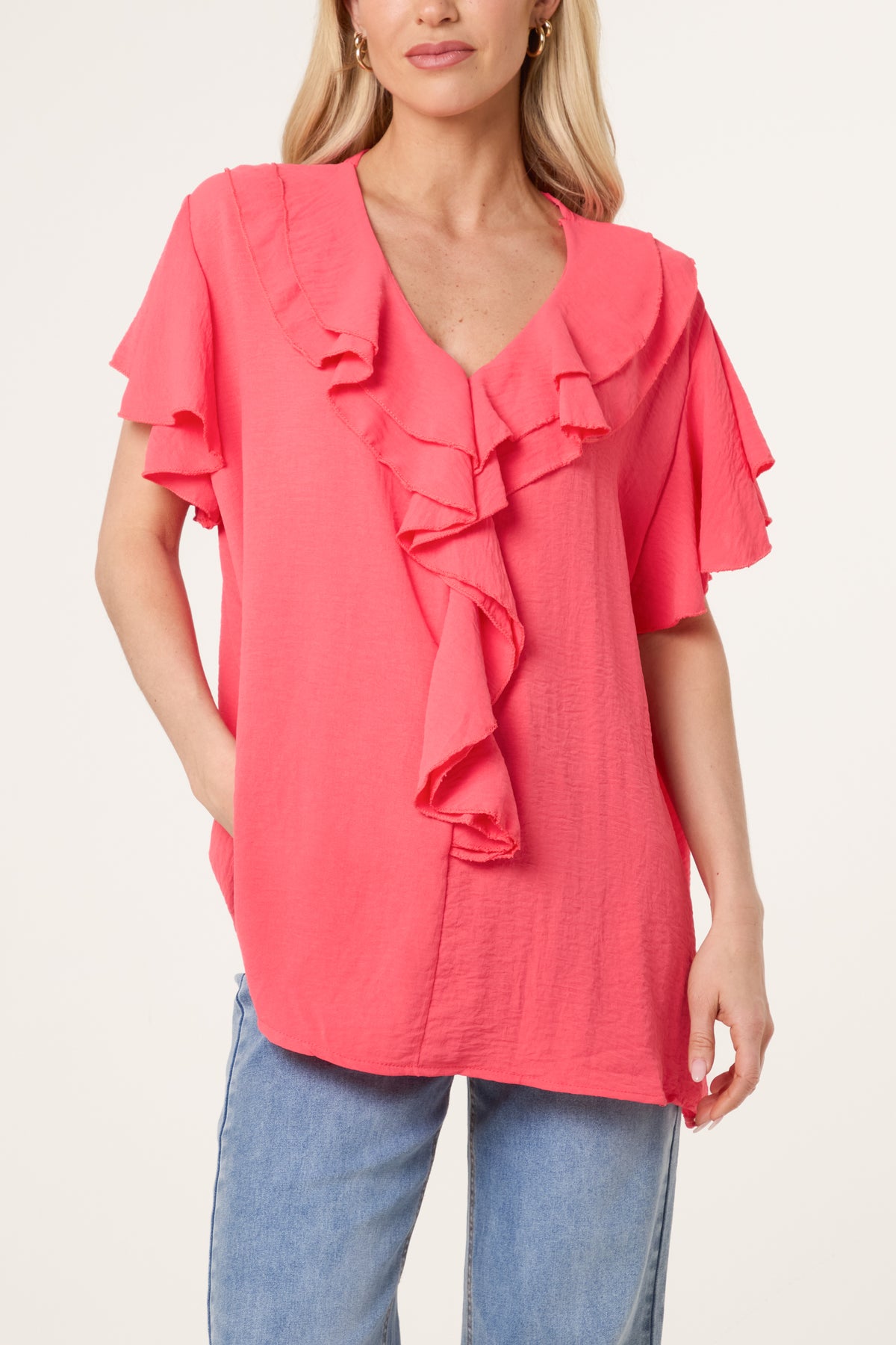 Ruffle Neck Frill Sleeve Blouse