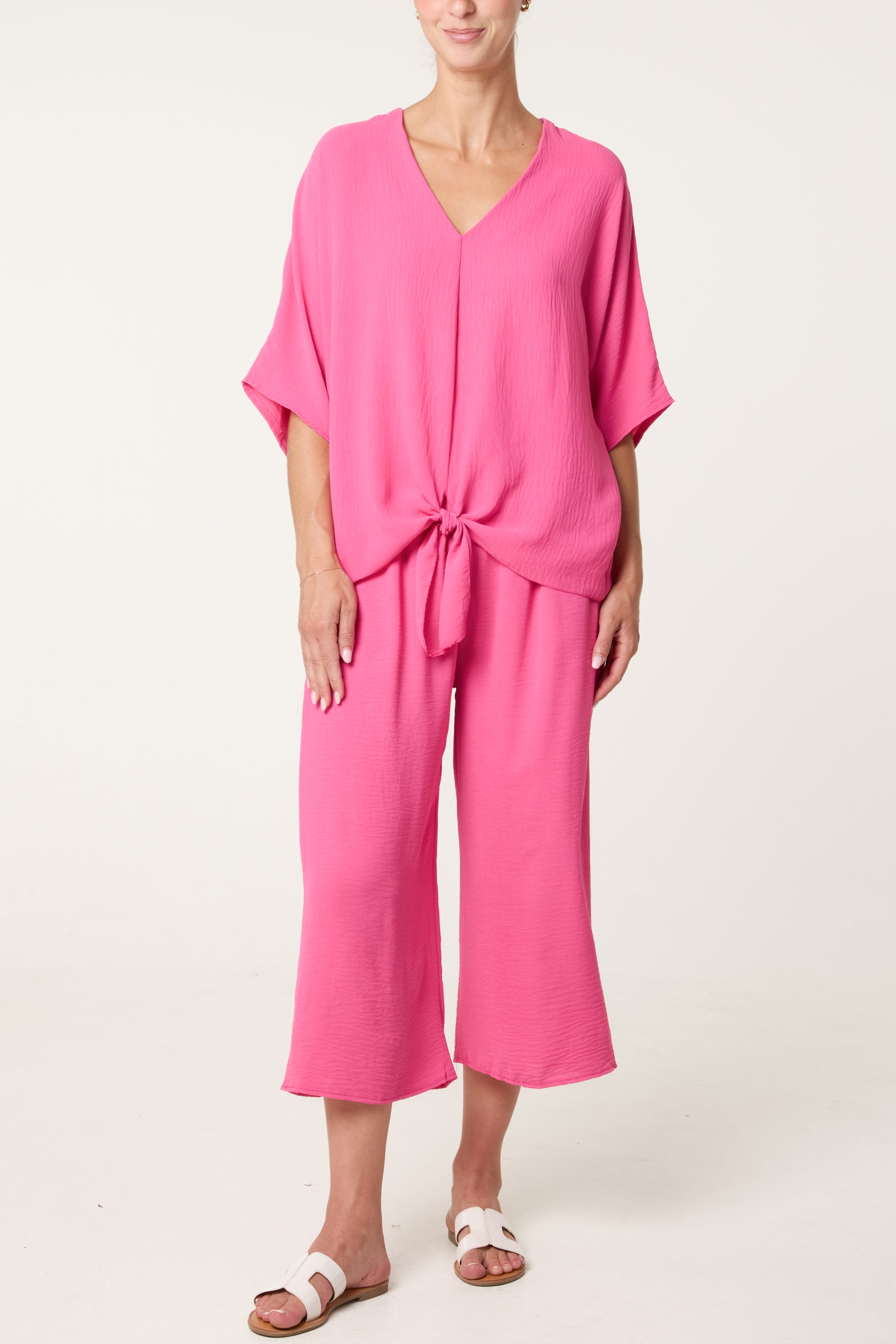V-Neck Front Knot Top & Trousers Set