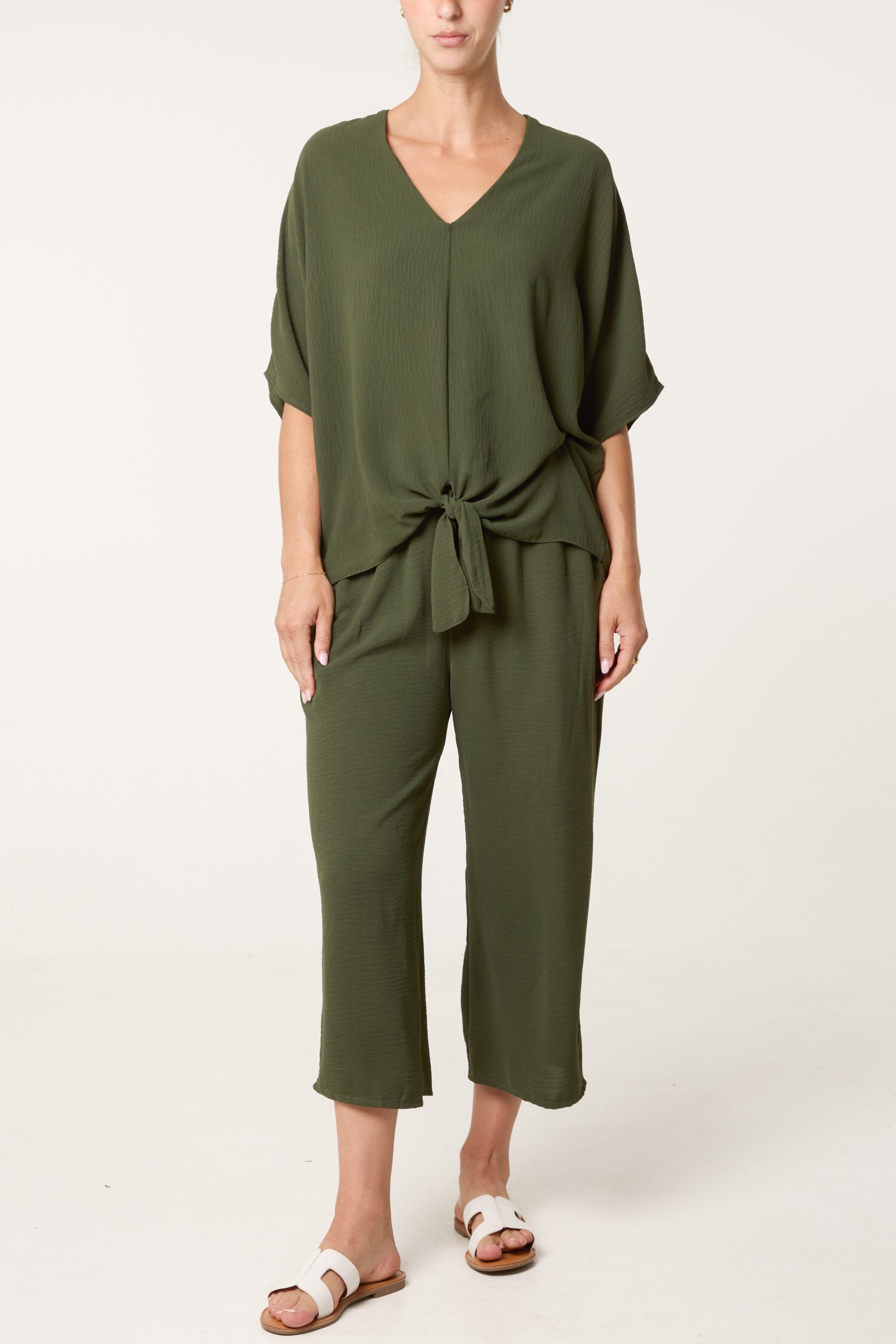 V-Neck Front Knot Top & Trousers Set