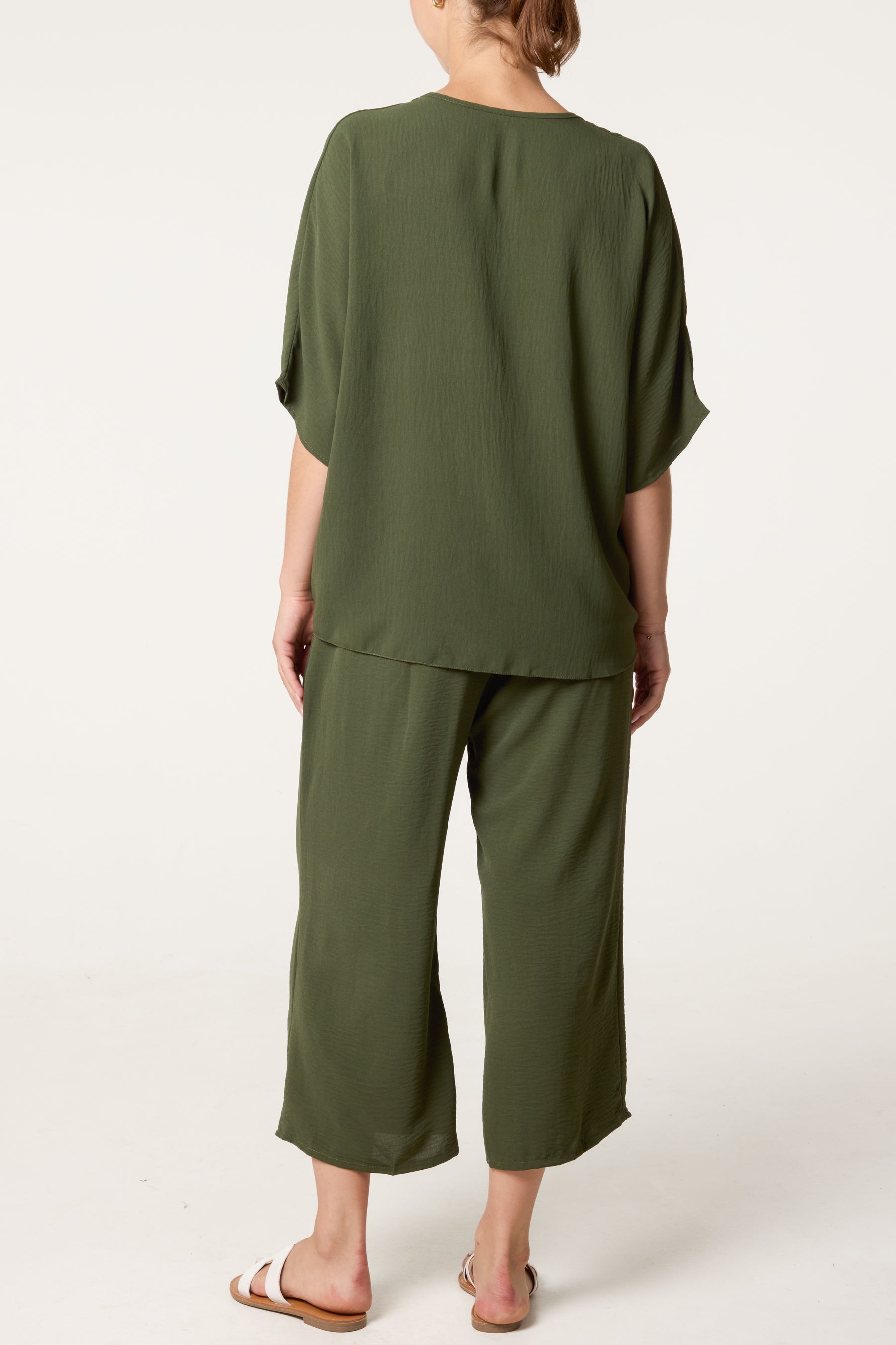 V-Neck Front Knot Top & Trousers Set