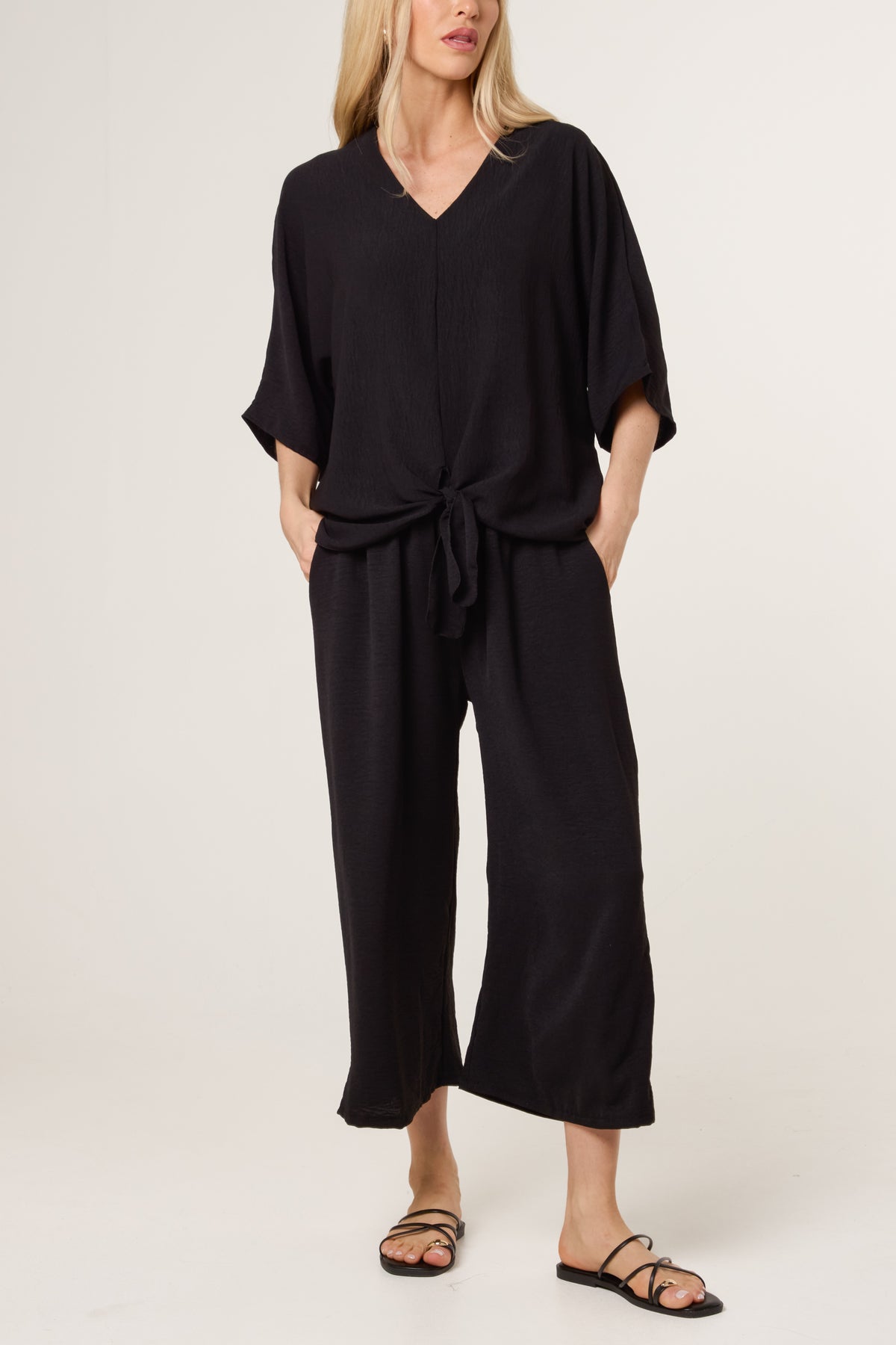 V-Neck Front Knot Top & Trousers Set