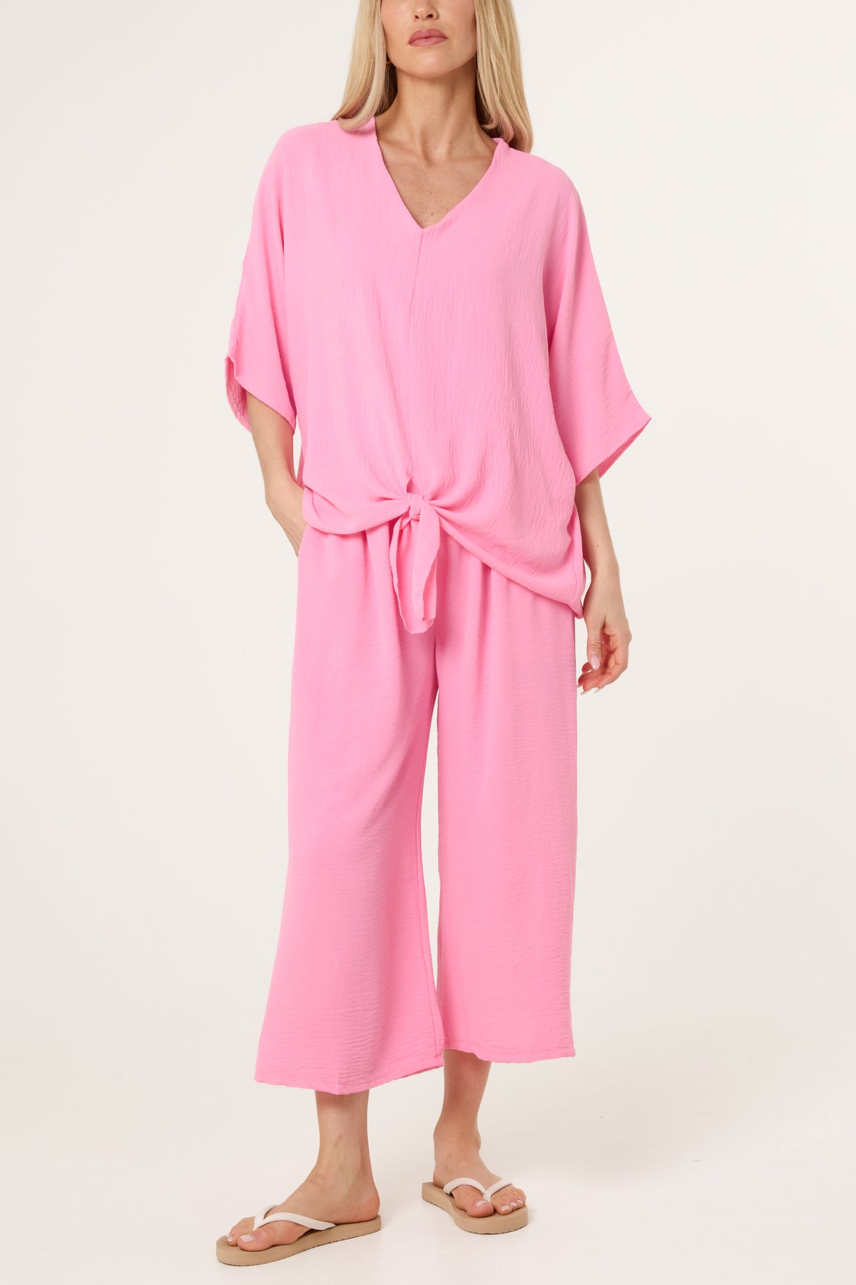 V-Neck Front Knot Top & Trousers Set