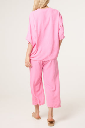 V-Neck Front Knot Top & Trousers Set