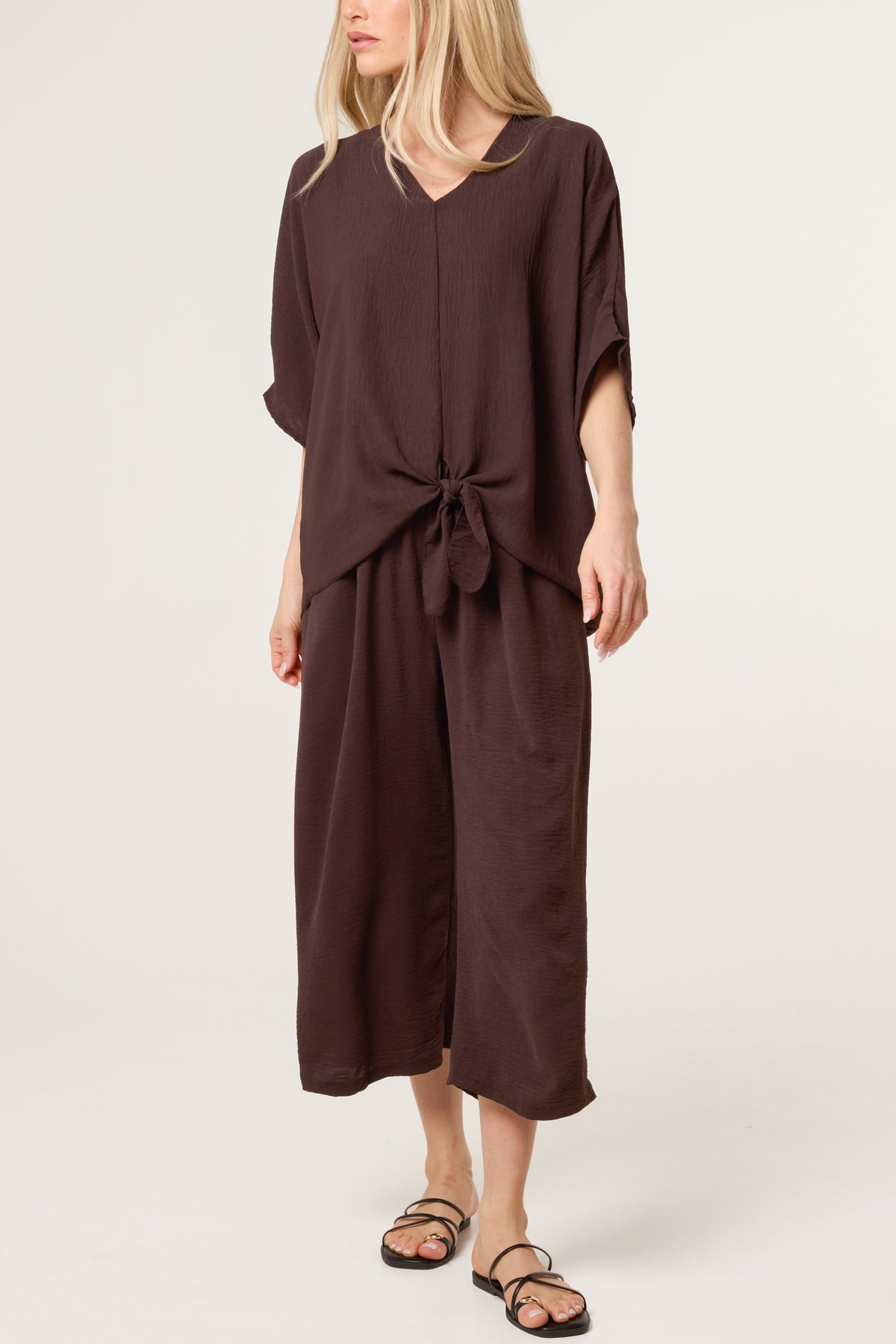 V-Neck Front Knot Top & Trousers Set