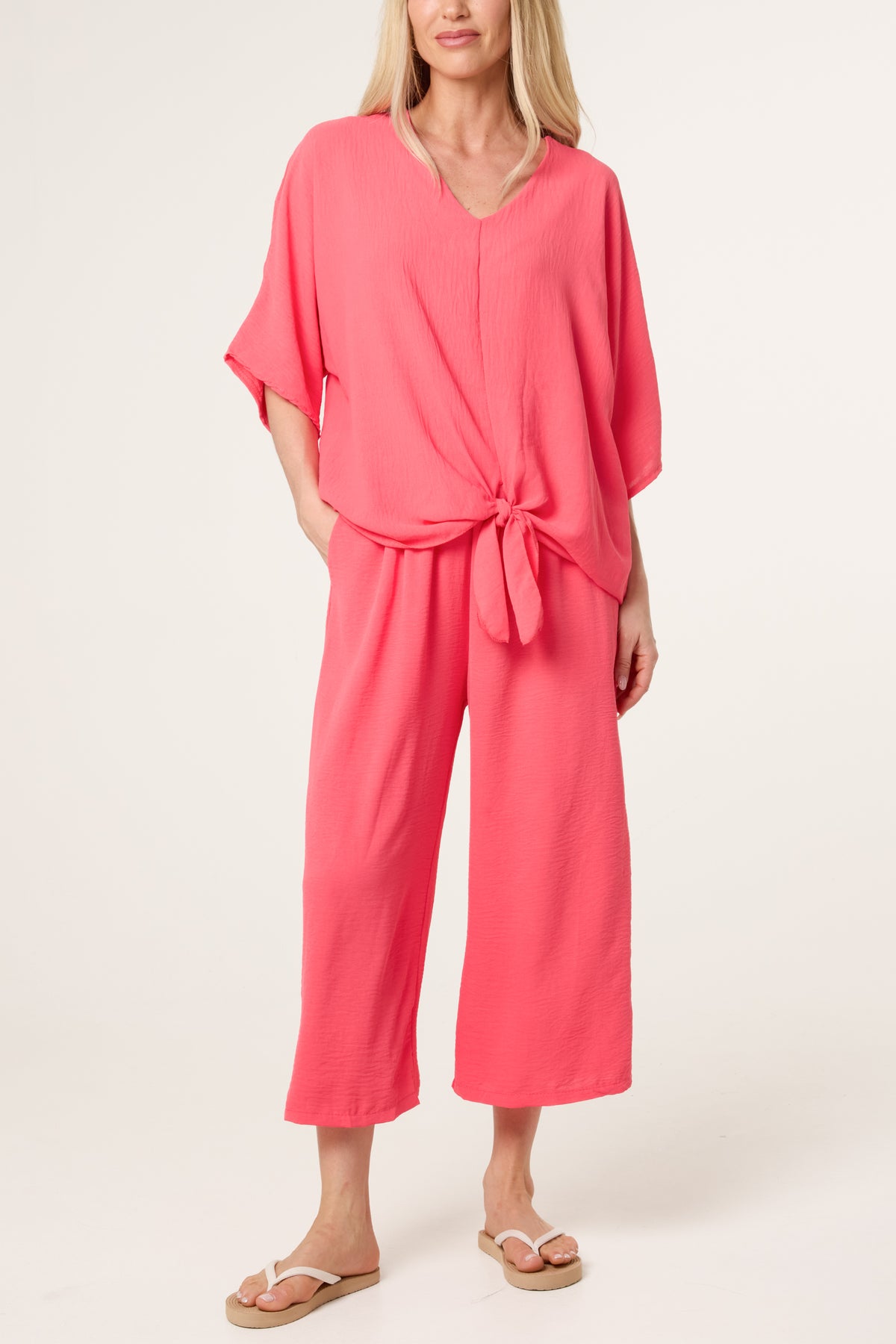 V-Neck Front Knot Top & Trousers Set