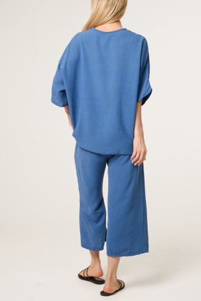 V-Neck Front Knot Top & Trousers Set