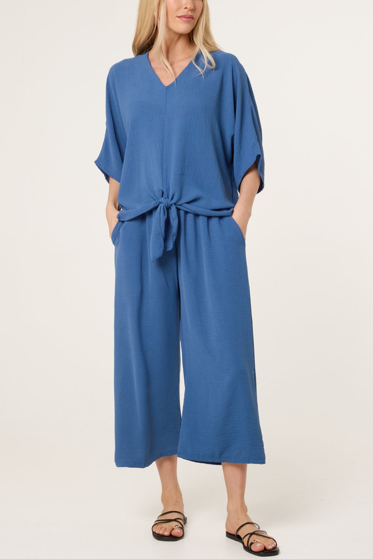 V-Neck Front Knot Top & Trousers Set
