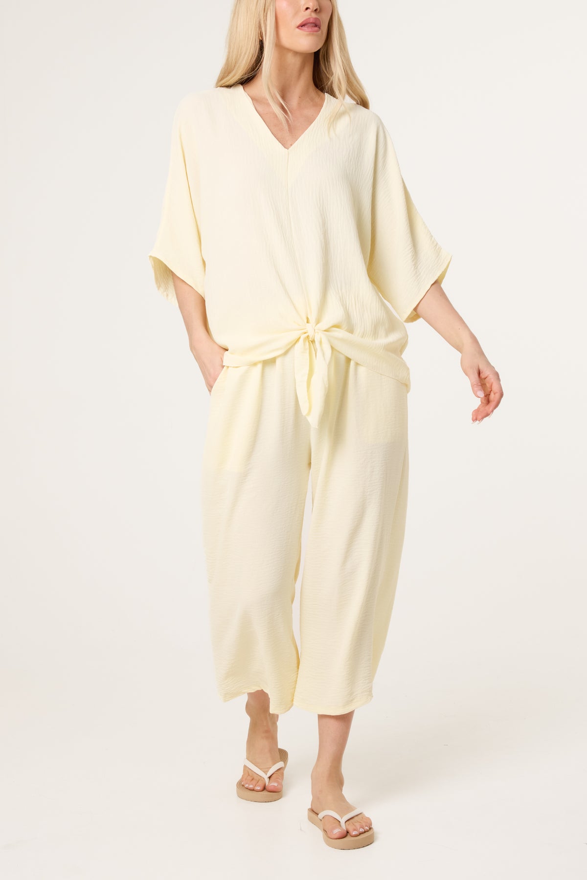 V-Neck Front Knot Top & Trousers Set