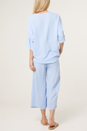 V-Neck Front Knot Top & Trousers Set