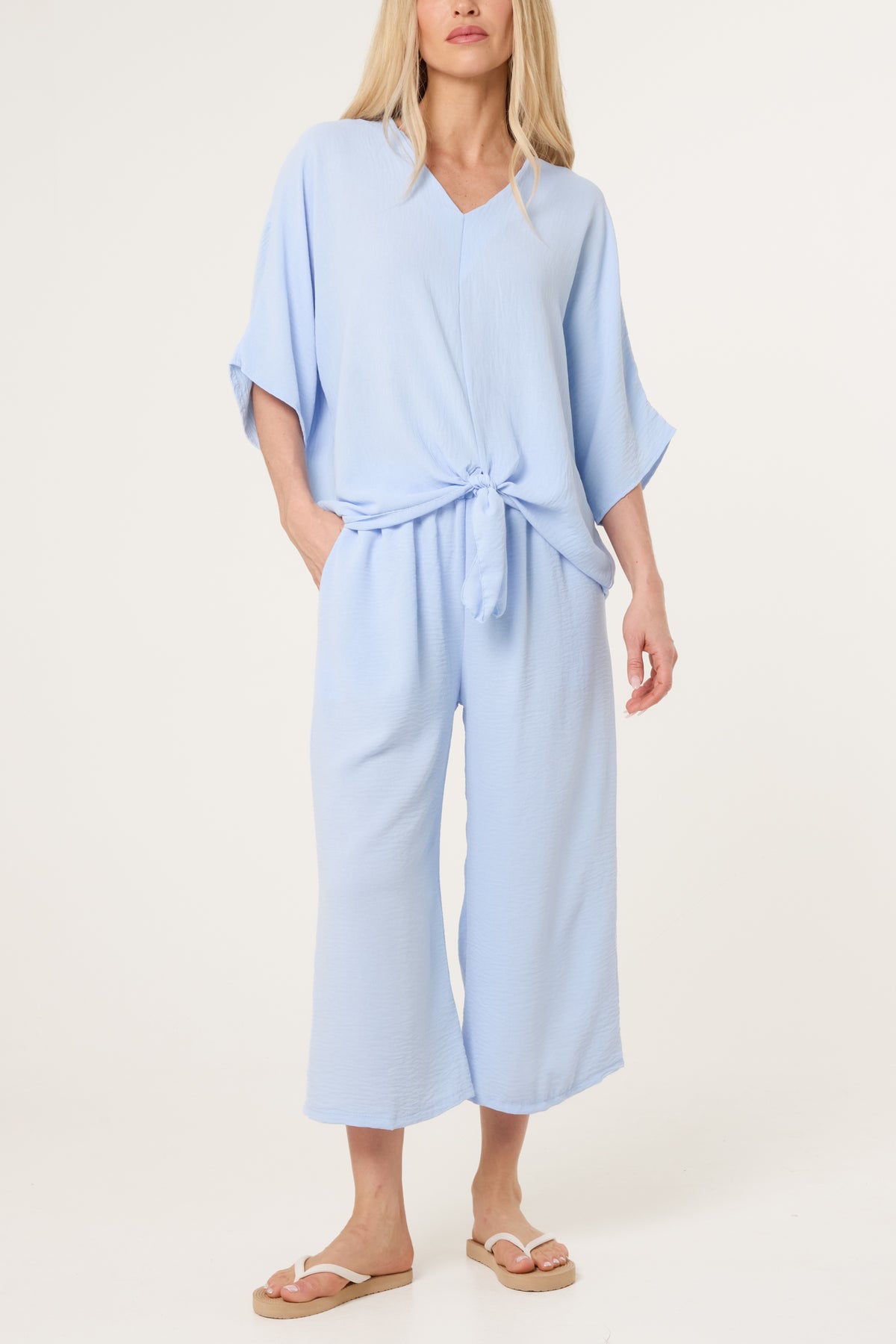 V-Neck Front Knot Top & Trousers Set