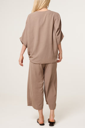V-Neck Front Knot Top & Trousers Set