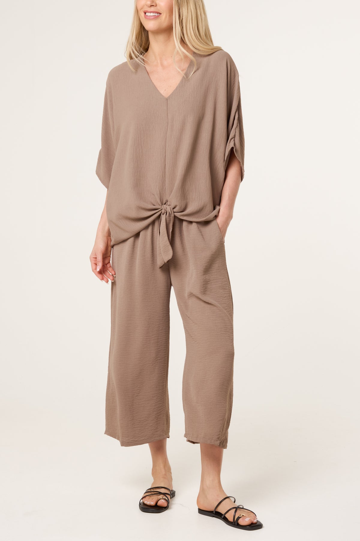 V-Neck Front Knot Top & Trousers Set