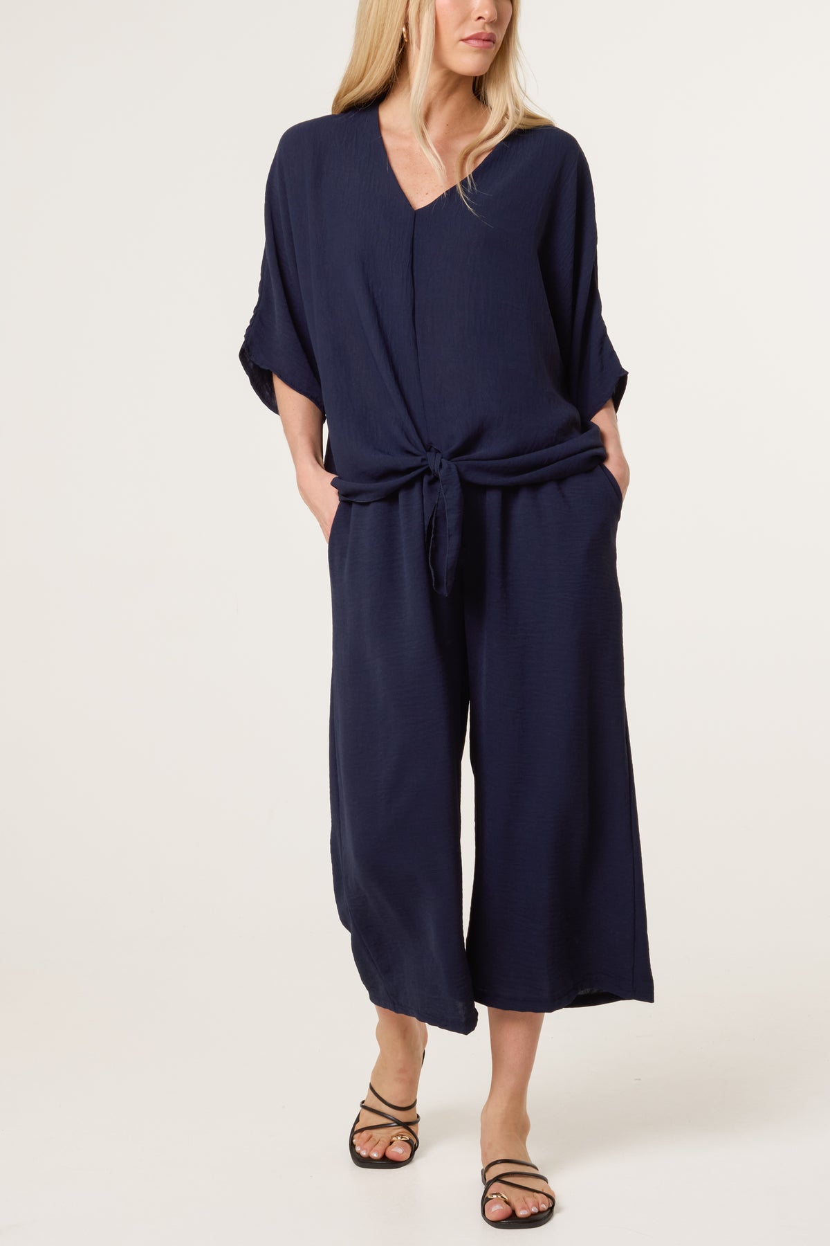 V-Neck Front Knot Top & Trousers Set