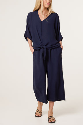V-Neck Front Knot Top & Trousers Set
