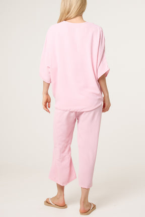 V-Neck Front Knot Top & Trousers Set