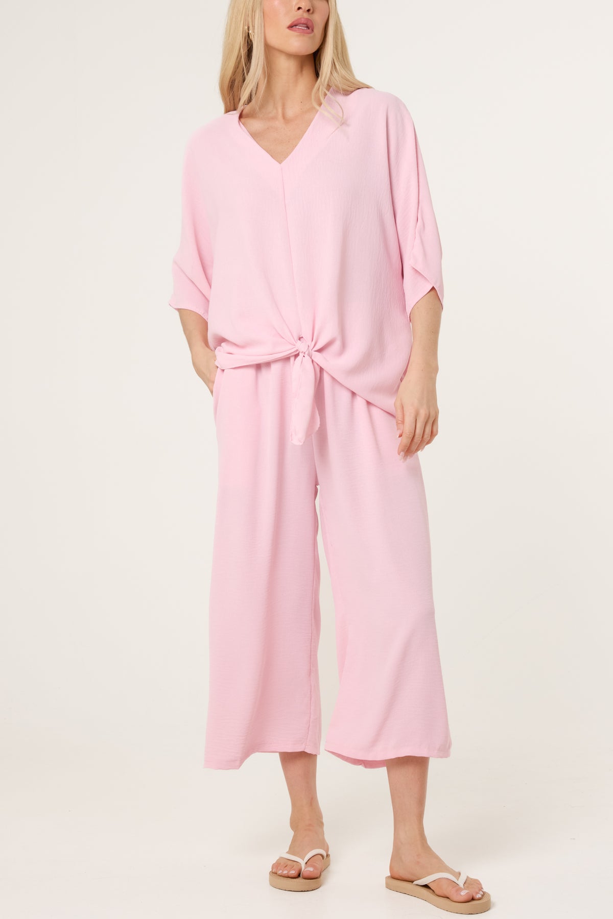 V-Neck Front Knot Top & Trousers Set