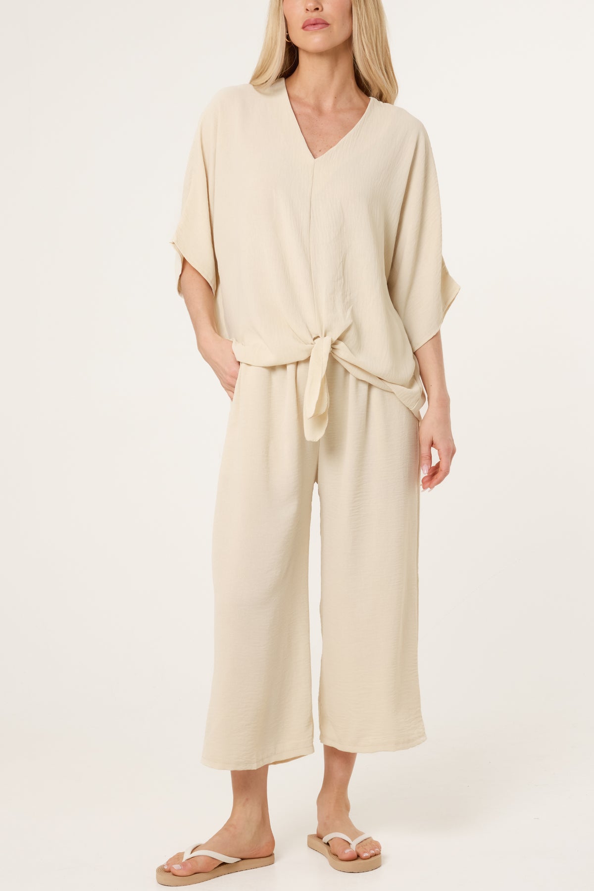 V-Neck Front Knot Top & Trousers Set
