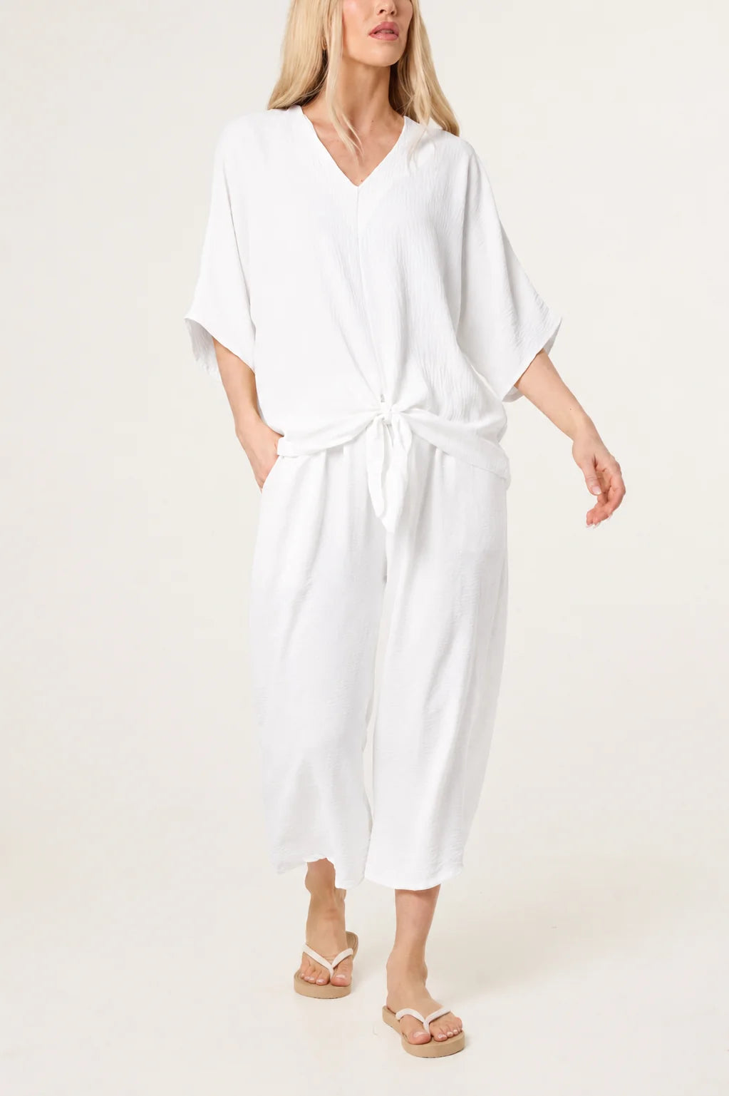 V-Neck Front Knot Top & Trousers Set