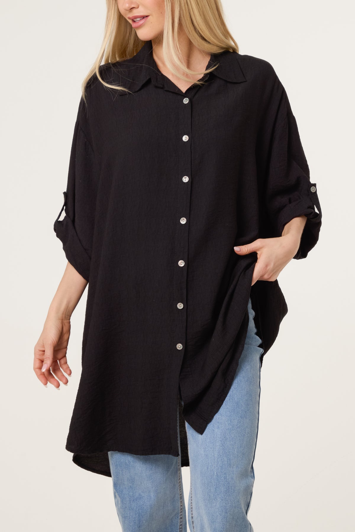 Rolled Sleeve Long Viscose Shirt