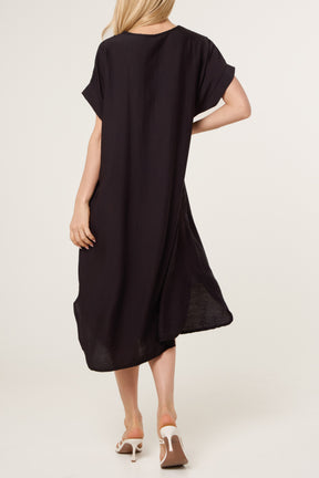 V-Neck Front Crease Crinkle Midi Dress