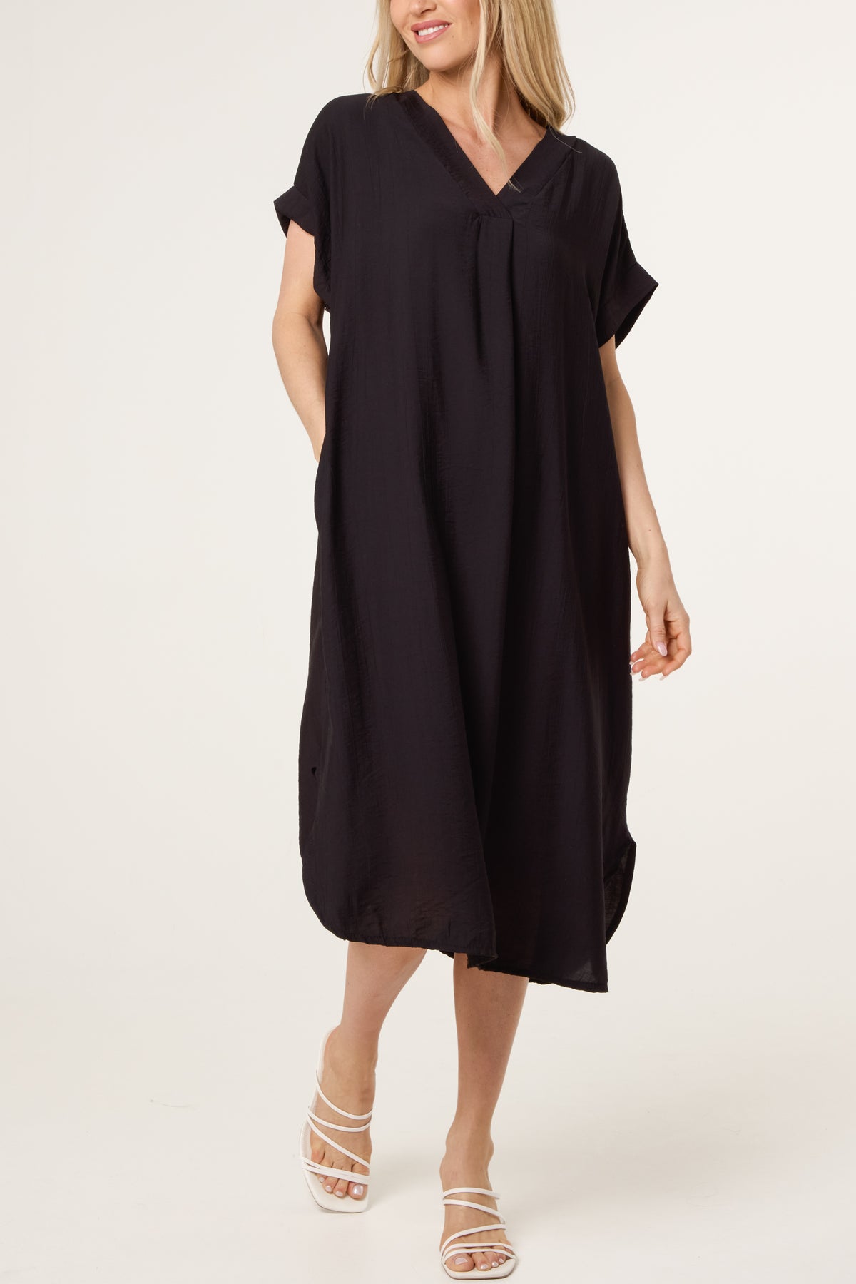 V-Neck Front Crease Crinkle Midi Dress