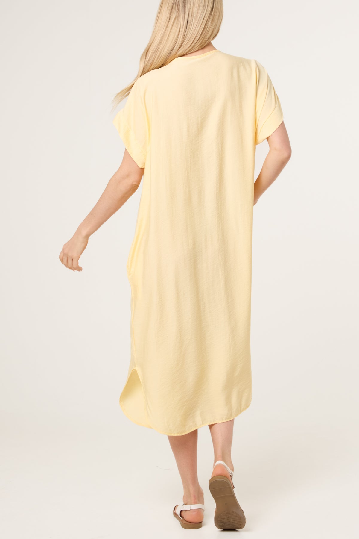 V-Neck Front Crease Crinkle Midi Dress