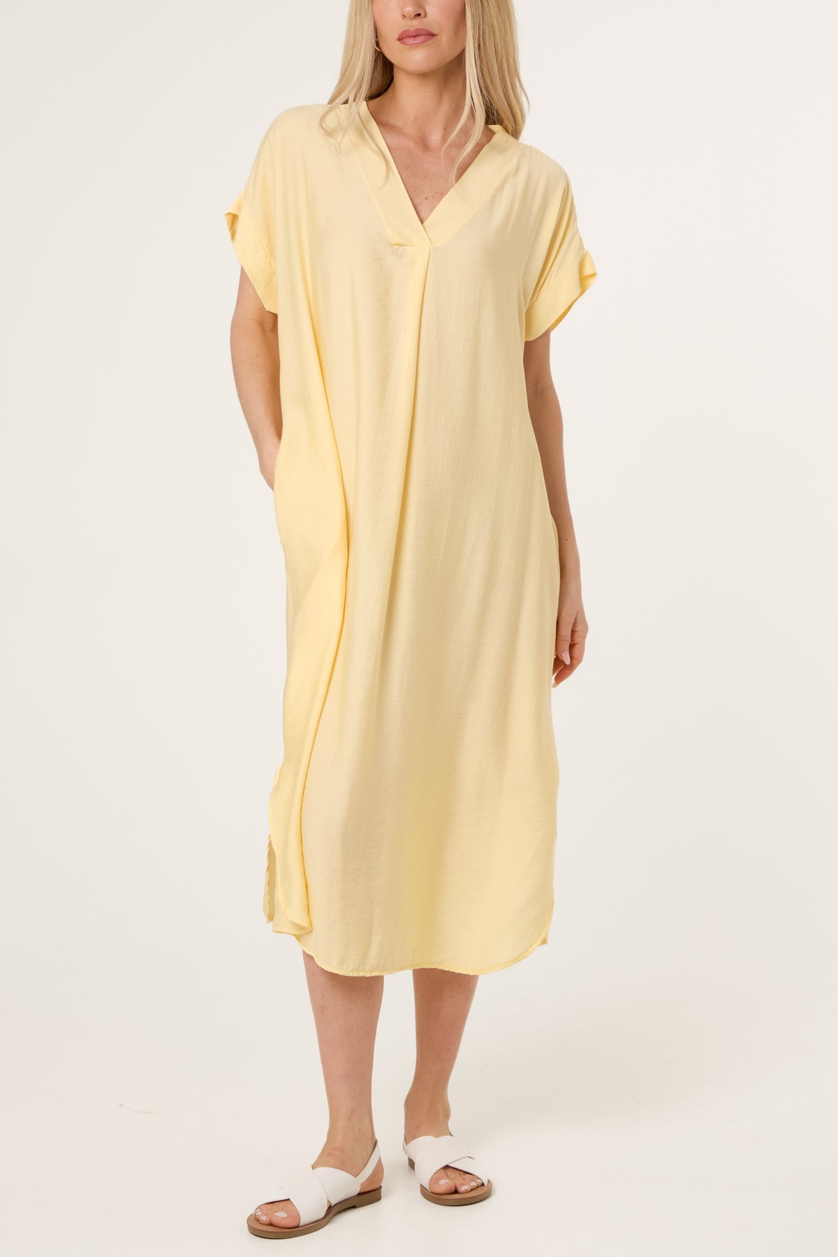 V-Neck Front Crease Crinkle Midi Dress